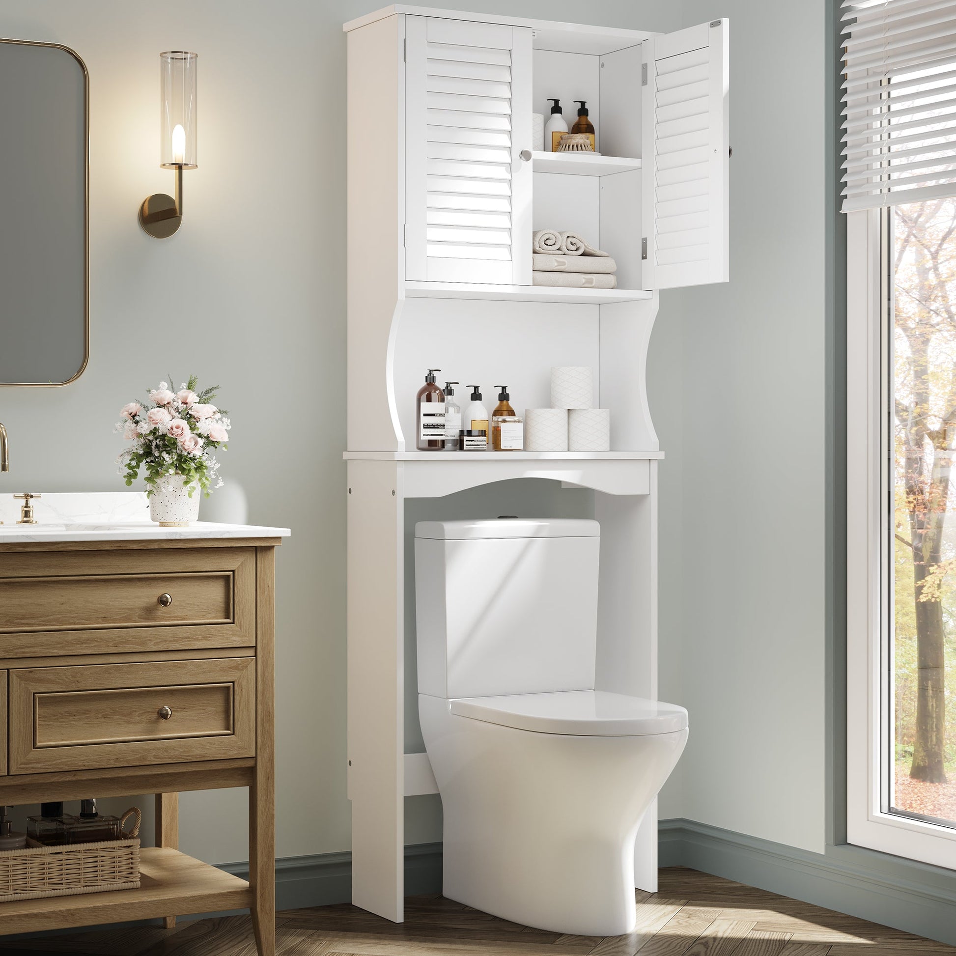 Meuble de rangement Garvee à suspendre au-dessus des toilettes, 3 niveaux avec étagères réglables, pour salles de bains, blanc, gain de place