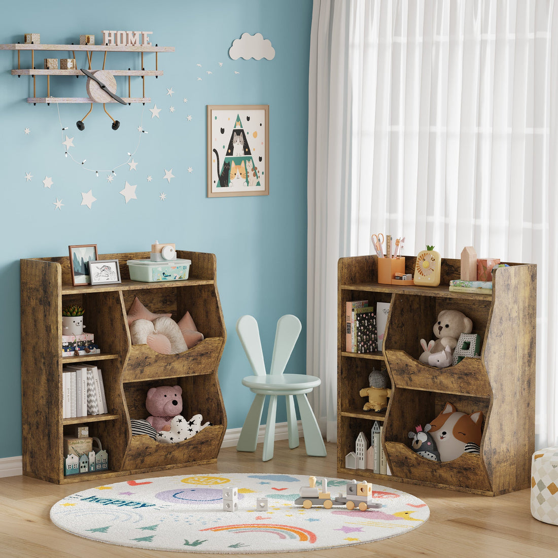 Garvee Étagère à jouets pour enfants, à 3 niveaux et 5 compartiments, en MDF robuste, multifonctionnelle pour chambre et crèche, compacte et blanche.