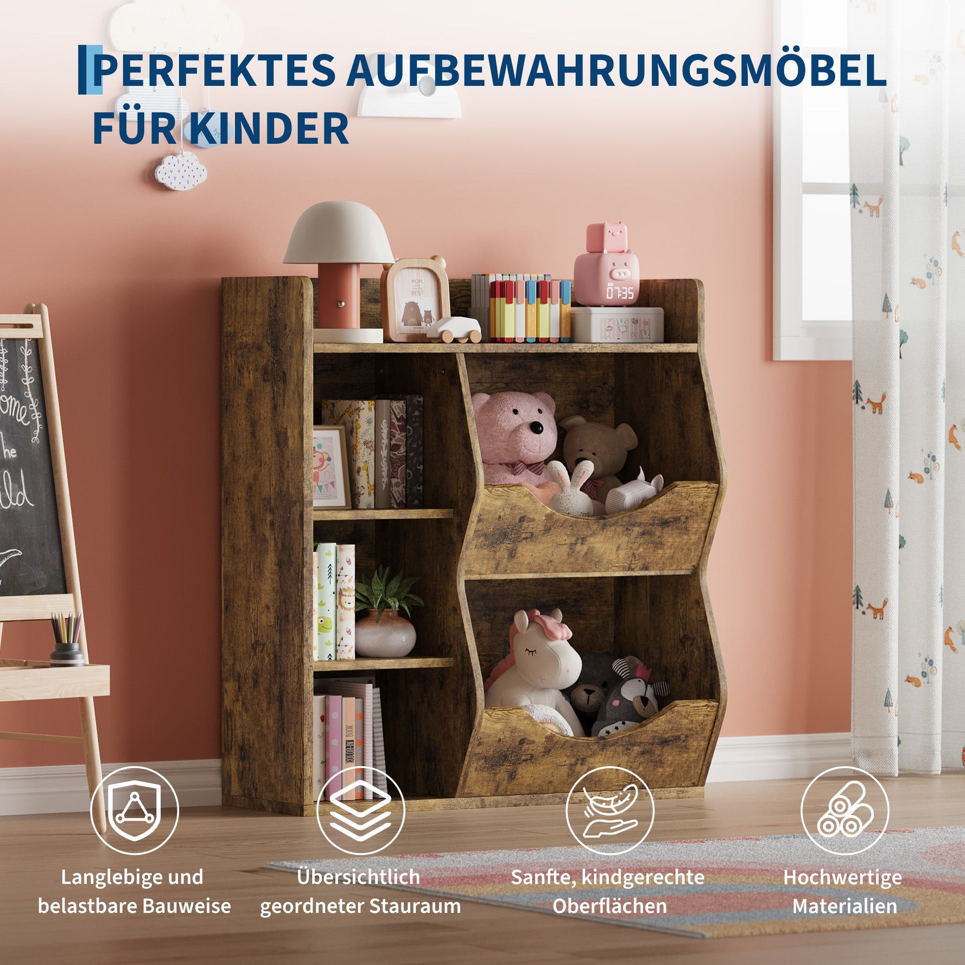 Étagère à jouets Garvee pour enfants, à 3 niveaux et 5 compartiments, en MDF robuste, multifonctionnelle pour chambre et crèche, compacte et blanche.