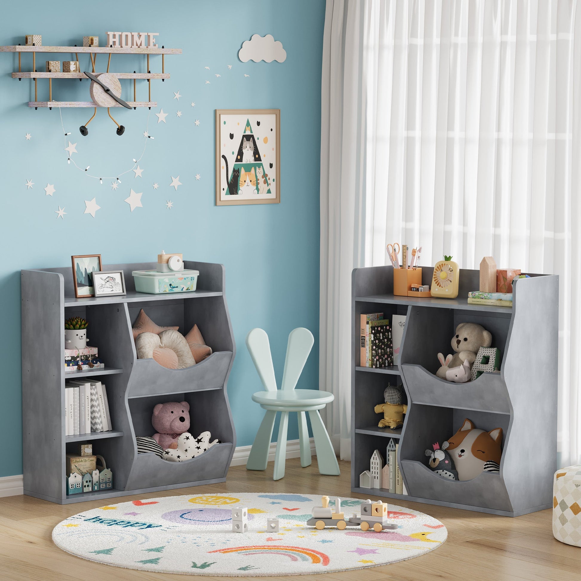 Étagère à jouets Garvee pour enfants à 3 niveaux et 5 compartiments, double face, grise, pour chambre et crèche, en MDF robuste et polyvalente.