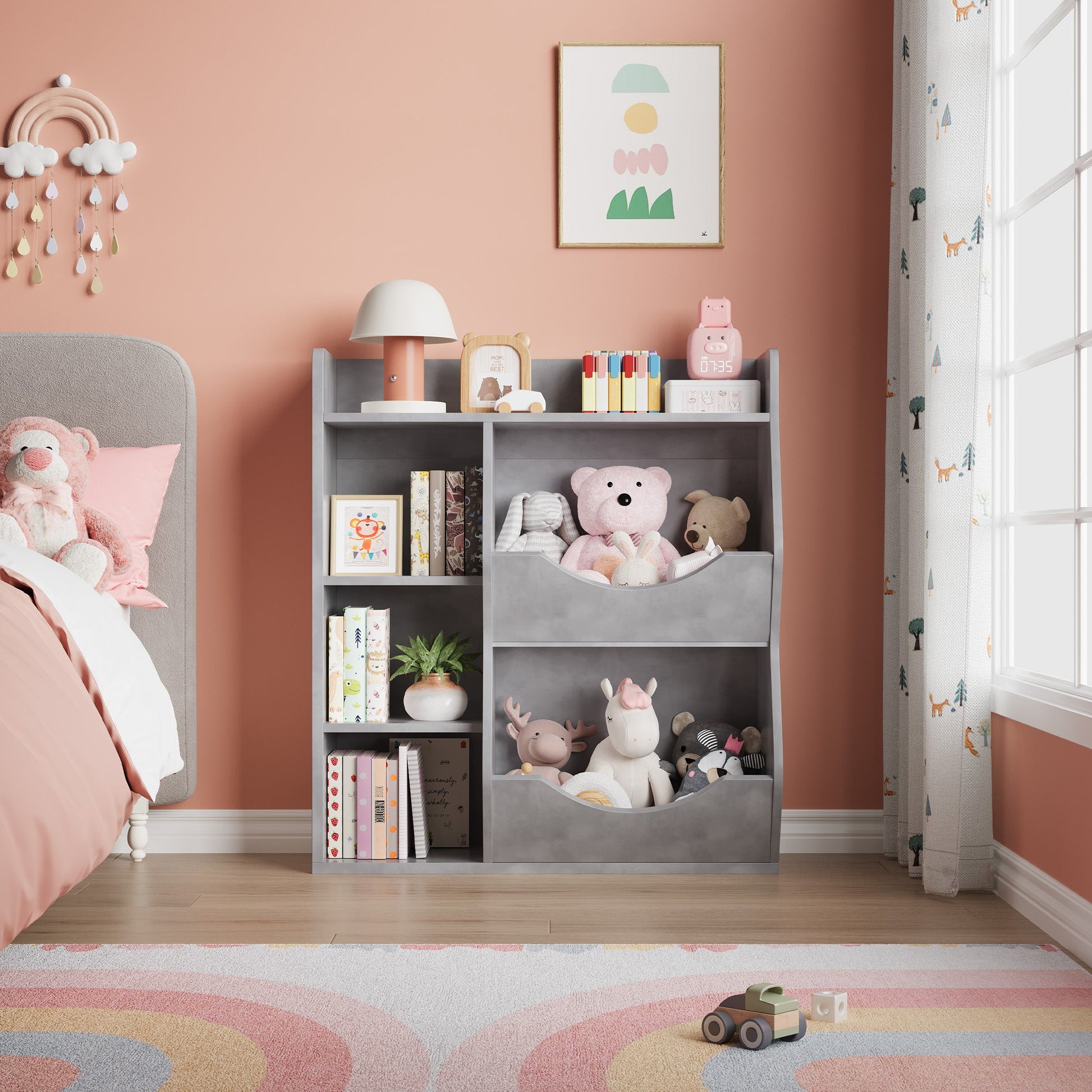 Étagère à jouets Garvee pour enfants à 3 niveaux et 5 compartiments, double face, grise, pour chambre et crèche, en MDF robuste et polyvalente.