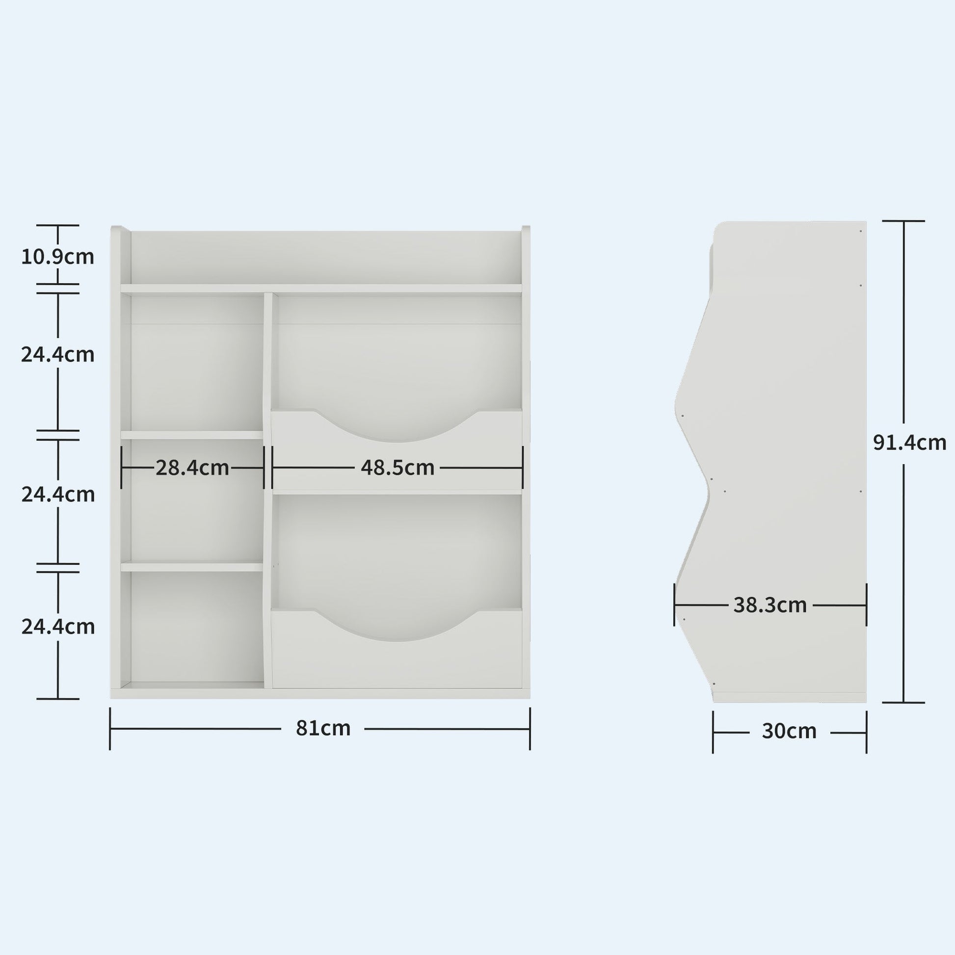 Étagère à jouets Garvee pour enfants, à 3 niveaux et 5 compartiments, double face, en MDF, robuste, idéale pour la chambre et la crèche, polyvalente, blanche.