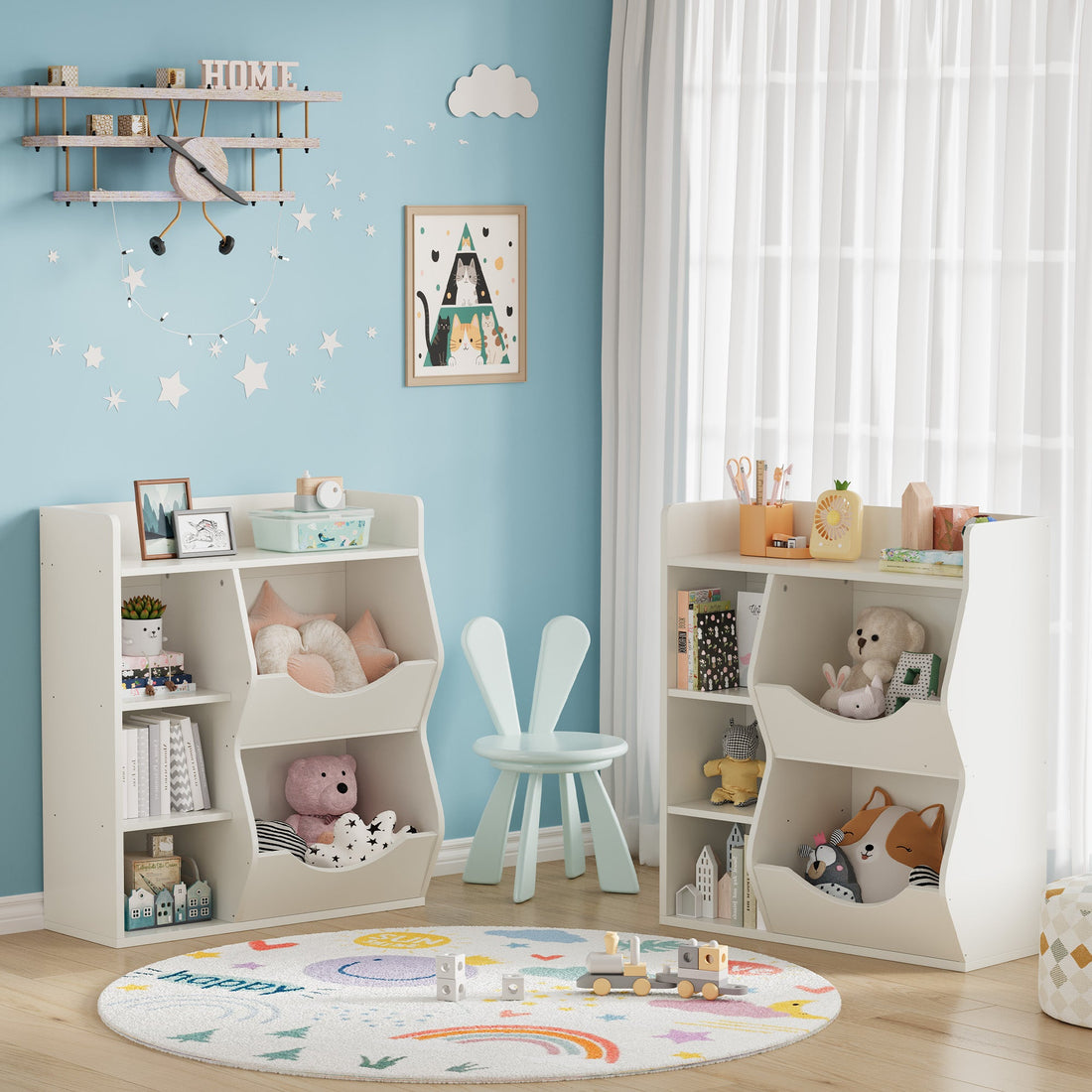 Garvee Étagère à jouets pour enfants, à 3 niveaux et 5 compartiments, double face, en MDF, idéale pour la chambre et la crèche, polyvalente, blanche.