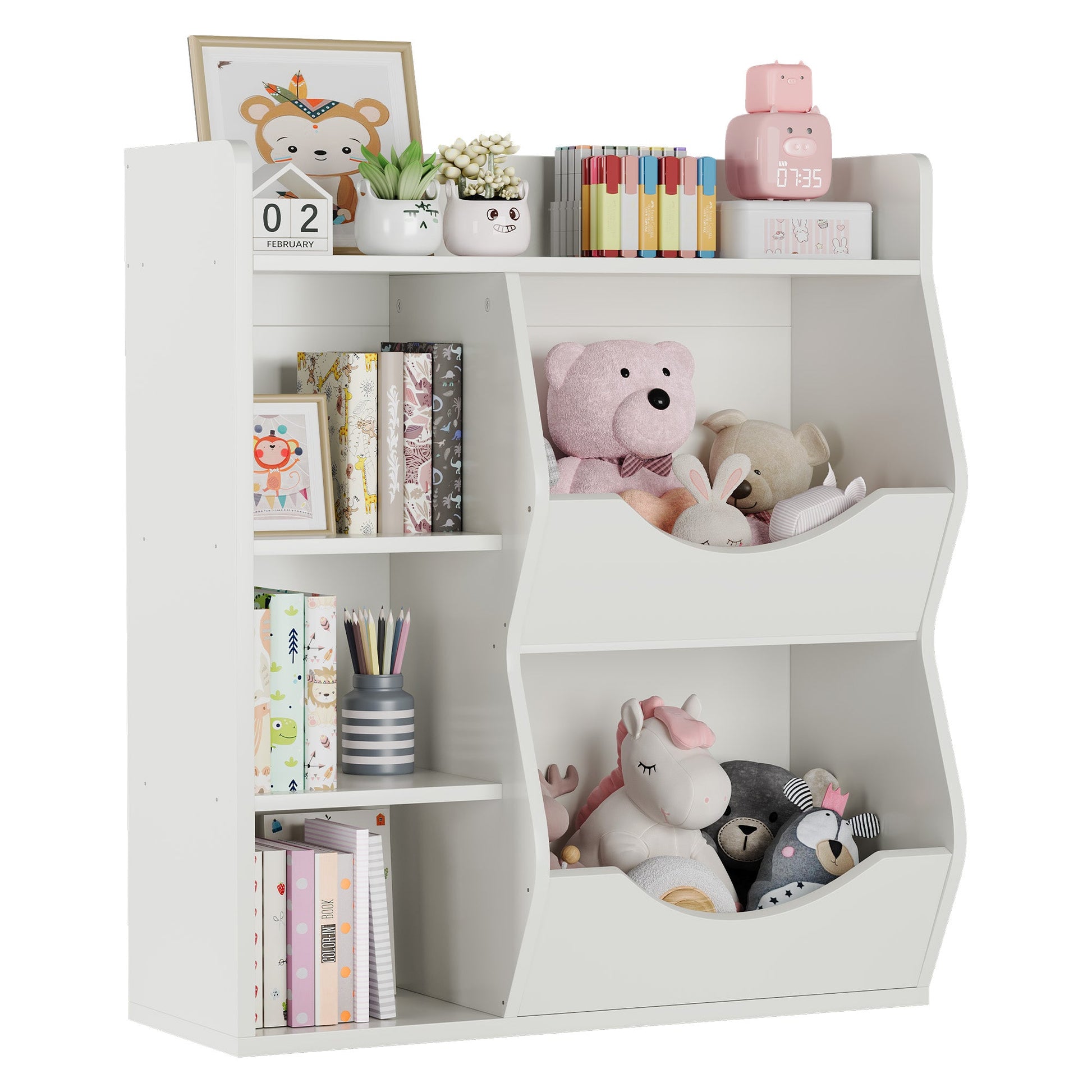Étagère à jouets Garvee pour enfants, à 3 niveaux et 5 compartiments, double face, en MDF, robuste, idéale pour la chambre et la crèche, polyvalente, blanche.