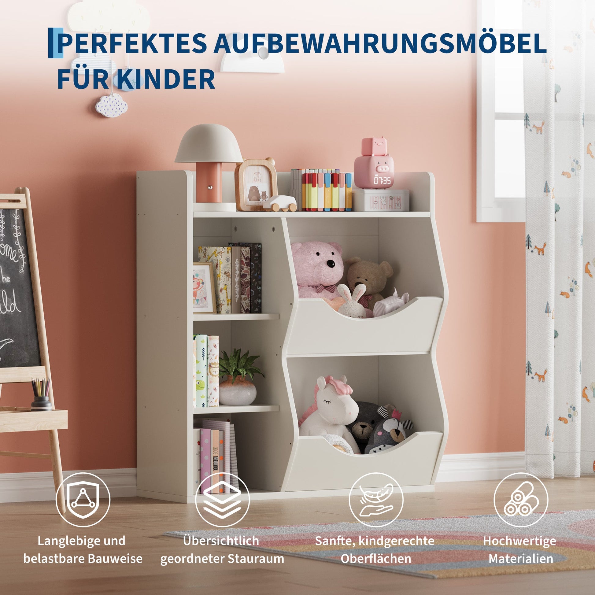 Étagère à jouets Garvee pour enfants, à 3 niveaux et 5 compartiments, double face, en MDF, robuste, idéale pour la chambre et la crèche, polyvalente, blanche.