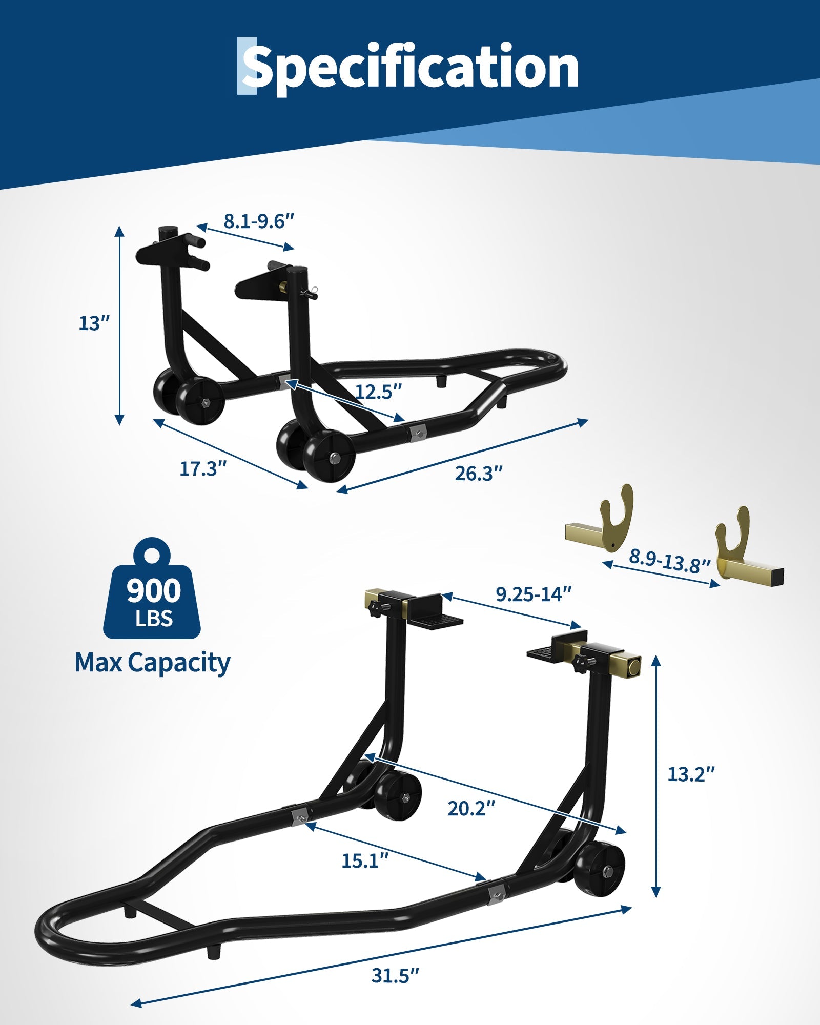 Béquille élévatrice pour moto Garvee, capacité de 408 kg (900 lb), levage des roues avant et arrière, bras oscillant réglable, acier noir, usage atelier et domicile