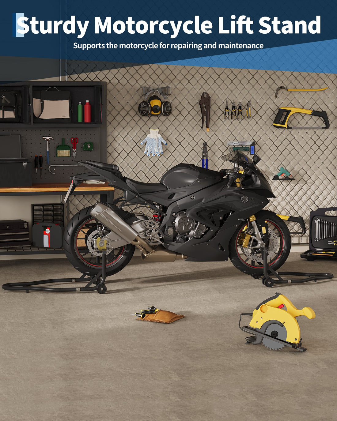 Béquille élévatrice pour moto Garvee, capacité de 408 kg (900 lb), levage des roues avant et arrière, bras oscillant réglable, acier noir, usage atelier et domicile