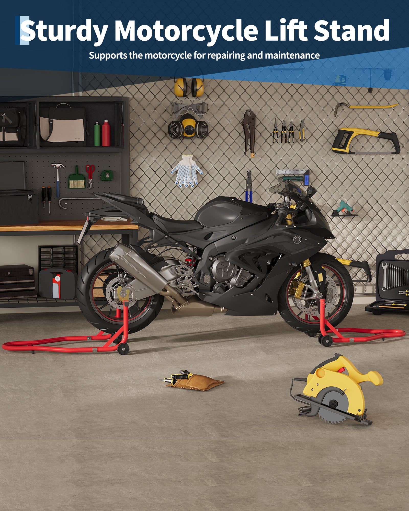 Béquille élévatrice pour moto Garvee, capacité de 408 kg (900 lb), bras oscillant réglable en U et L, acier laminé à froid résistant à la rouille, pour l'entretien et la réparation.