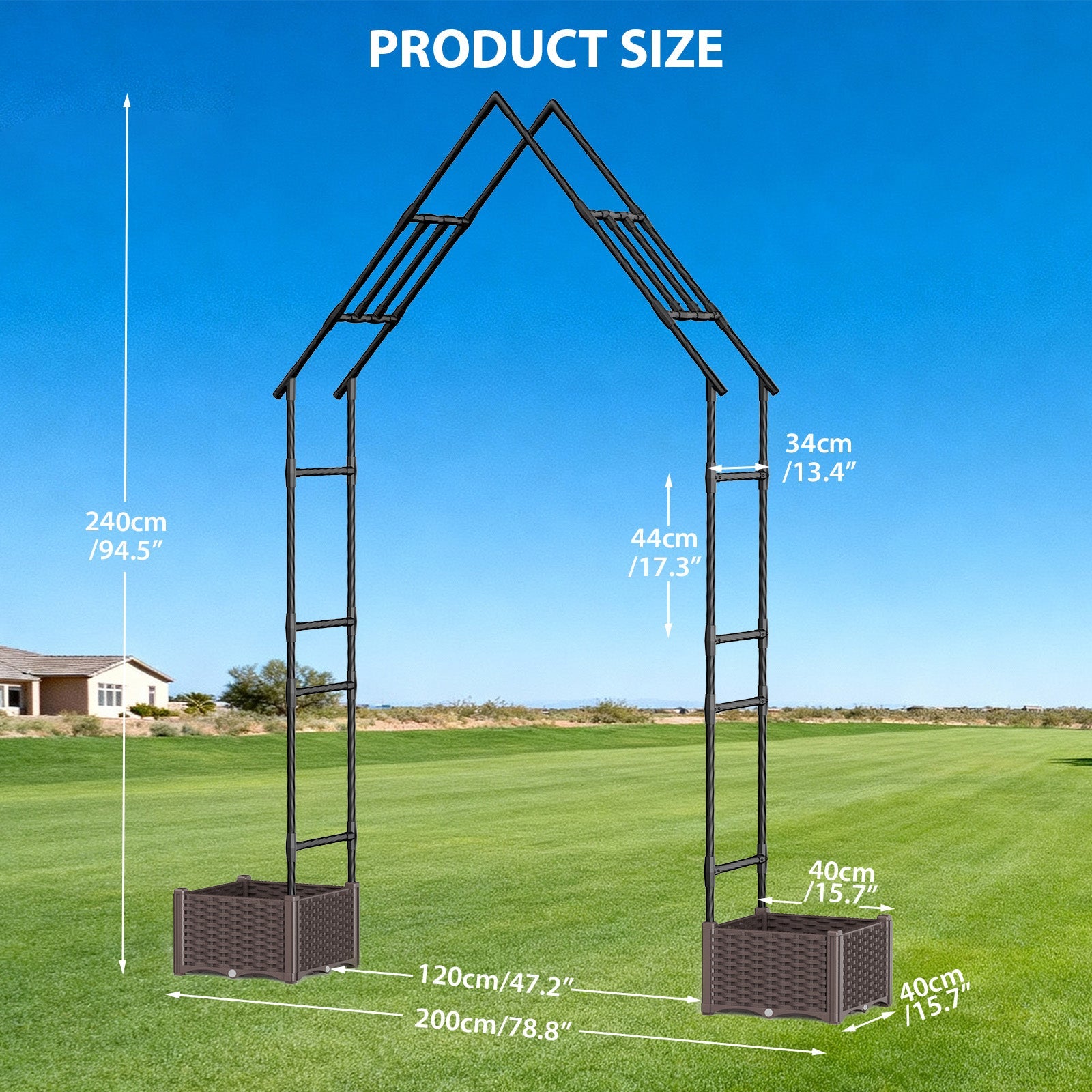 Arche de jardin Garvee avec 2 jardinières, 239 cm, métal, résistante aux intempéries et à la rouille, pour jardin, mariage, noire