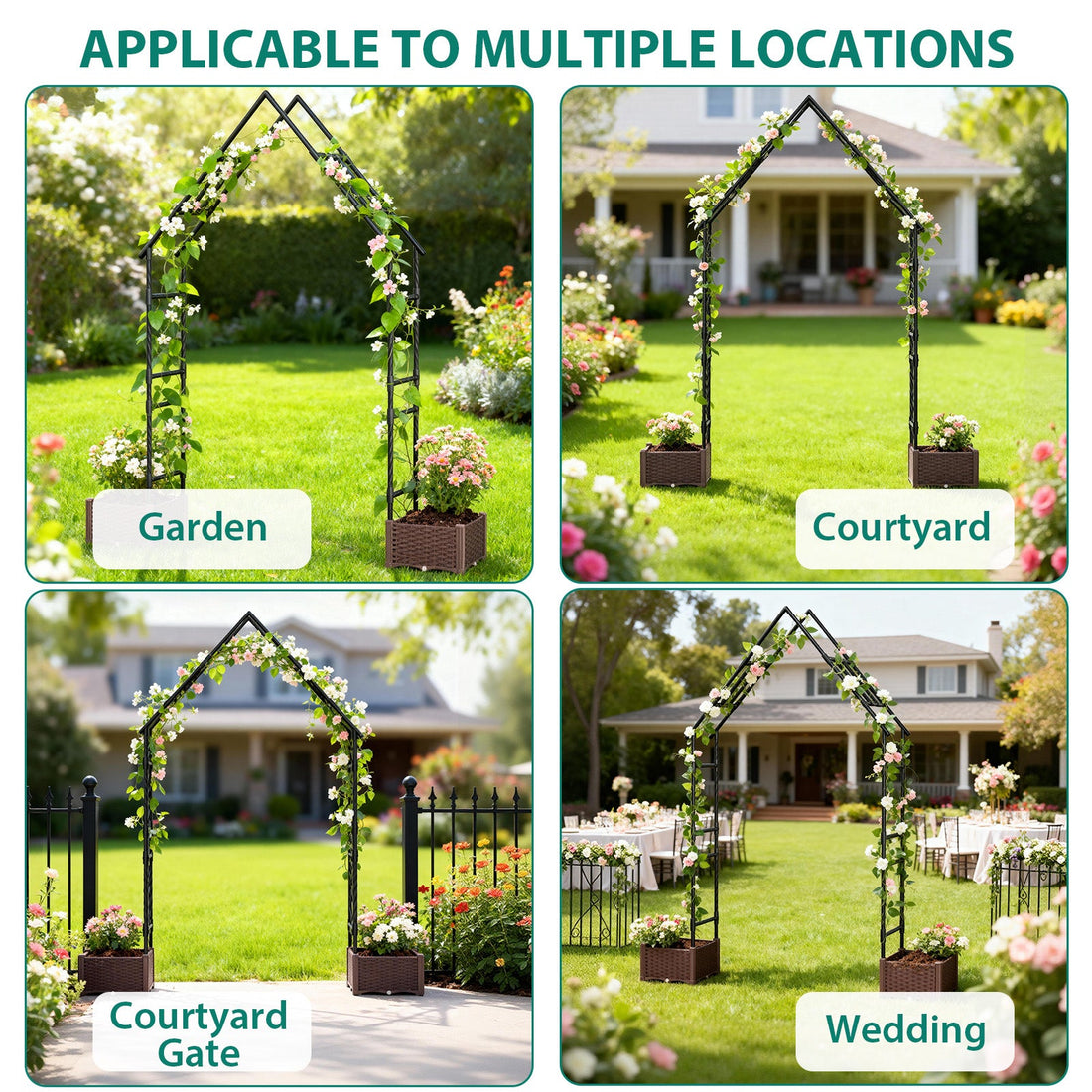 Arche de jardin Garvee avec 2 jardinières, 239 cm, métal, résistante aux intempéries et à la rouille, pour jardin, mariage, noire