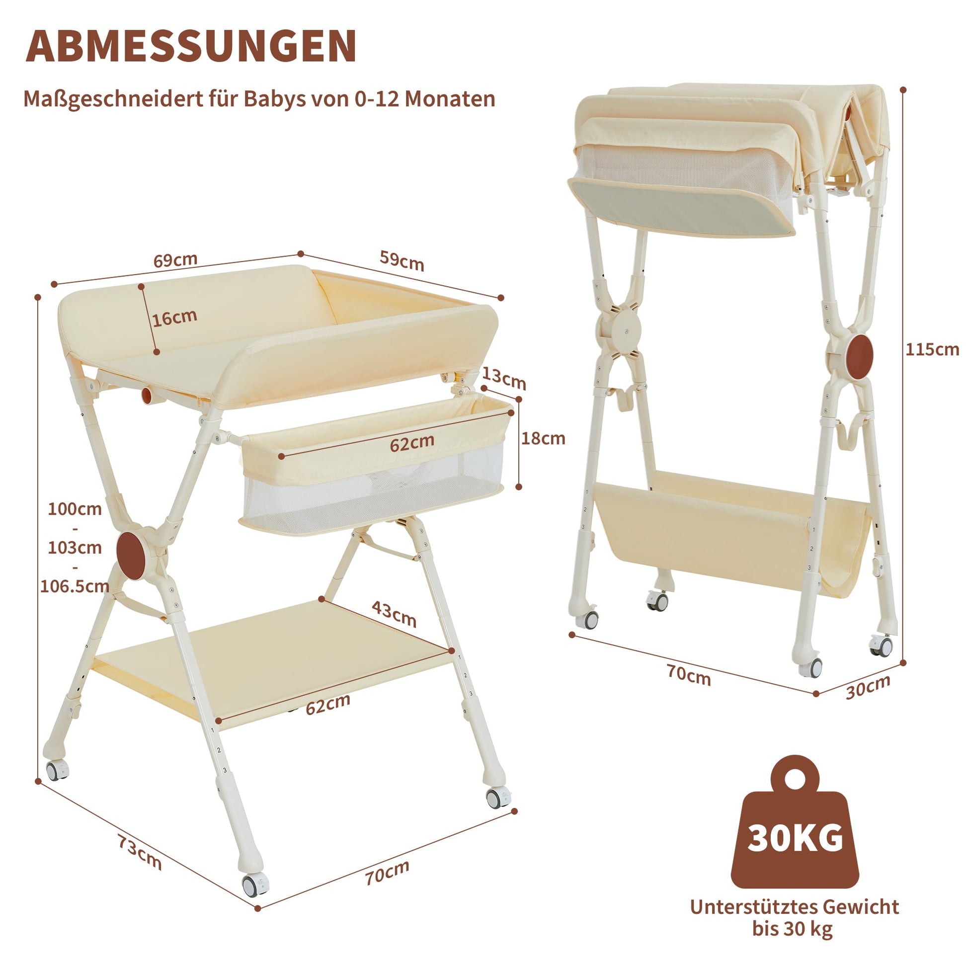 Table à langer pliante Garvee Baby avec roulettes pour nouveau-nés et jeunes enfants 73 x 70 x 106,5 cm Blanc