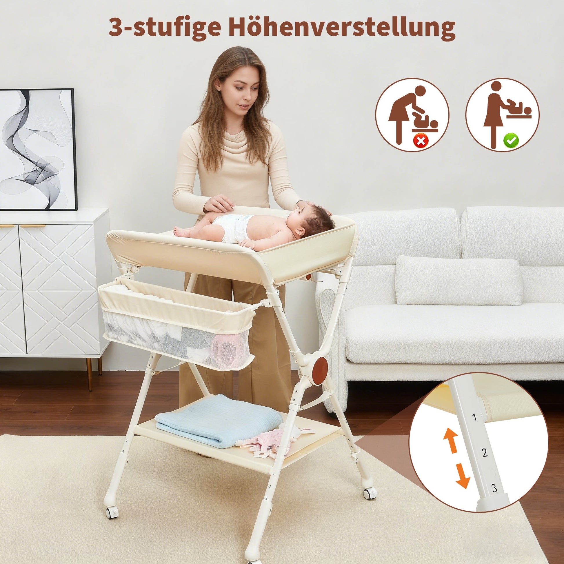 Table à langer pliante Garvee Baby avec roulettes pour nouveau-nés et jeunes enfants 73 x 70 x 106,5 cm Blanc