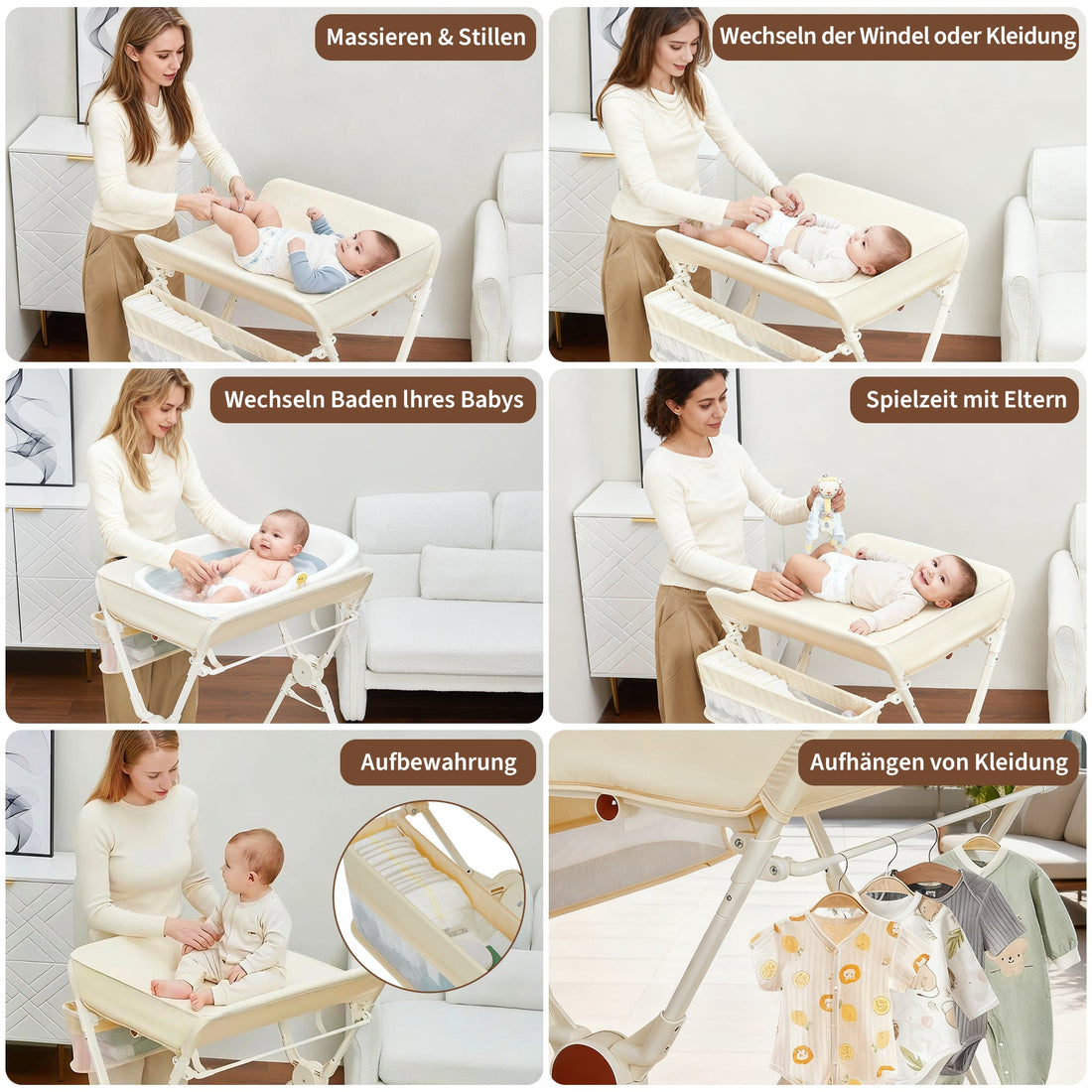 Garvee Table à langer pliante bébé avec roulettes pour nouveau-nés et jeunes enfants 73 × 70 × 106,5 cm, Blanc