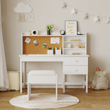 Garvee Bureau Enfant en Bois avec Chaise, Hauteur Réglable, Tiroirs et Panneau en Liège, Rangement Pratique, 3-8 Ans, Blanc - Blanc