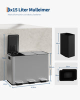 Garvee poubelle de tri 3, en, 1 en acier inoxydable 45 L couvercle à fermeture douce pied sans contact cuisine argent - Argent