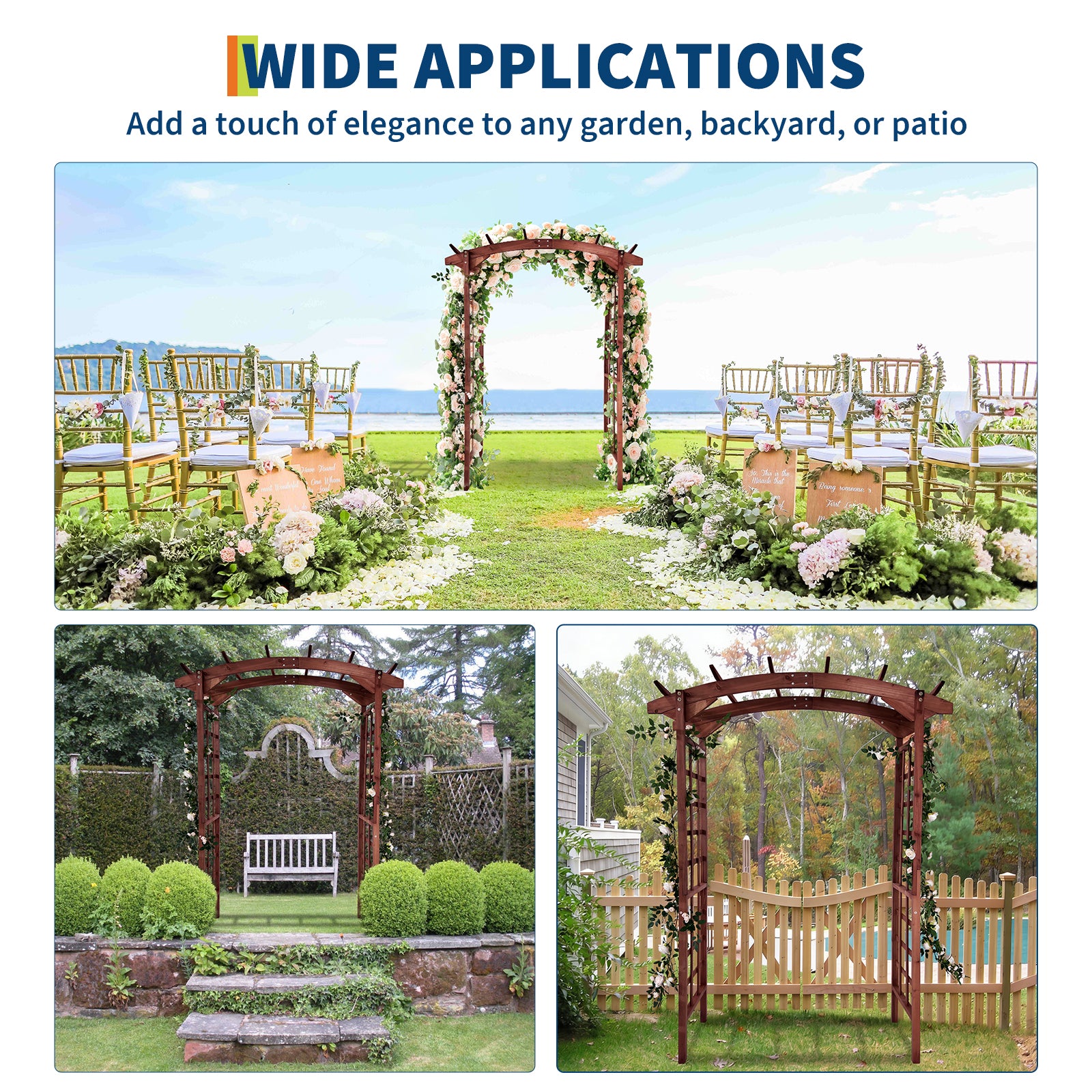 Arche de jardin pour mariage, terrasse, allée et extérieur