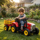 Garvee Tracteur Électrique Enfant 12 V, Remorque Amovible, Lumières LED, Bluetooth, Voiture Jouet pour 3 à 7 Ans, Jardin, Rouge - Rouge