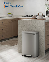 Garvee Poubelle de cuisine 50 L en métal, couvercle à fermeture douce et seau intérieur, coloris gris argenté - 