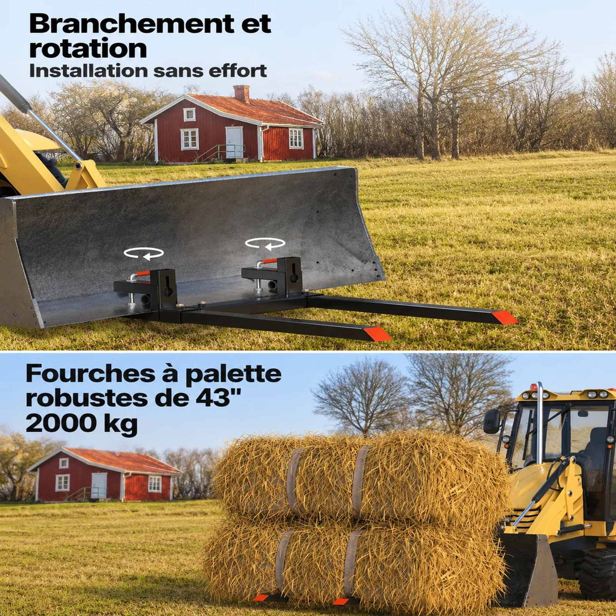 Garvee Fourches à palettes 109 cm pour godet de tracteur, capacité 907 kg, barre stabilisatrice réglable, acier robuste pour usage agricole