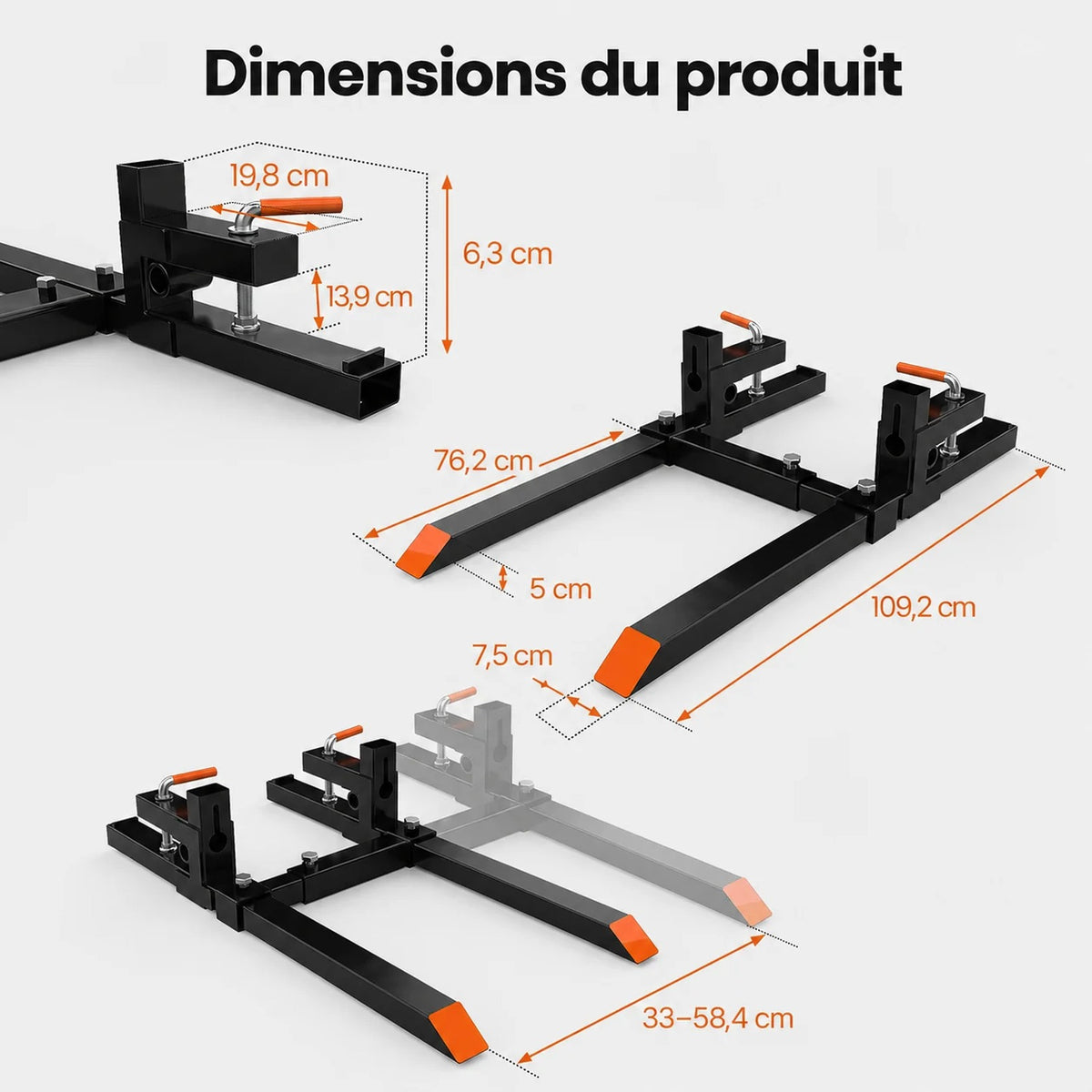 Garvee Fourches à palettes 109 cm pour godet de tracteur, capacité 907 kg, barre stabilisatrice réglable, acier robuste pour usage agricole