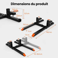 Garvee Fourches à palettes 109 cm pour godet de tracteur, capacité 907 kg, barre stabilisatrice réglable, acier robuste pour usage agricole
