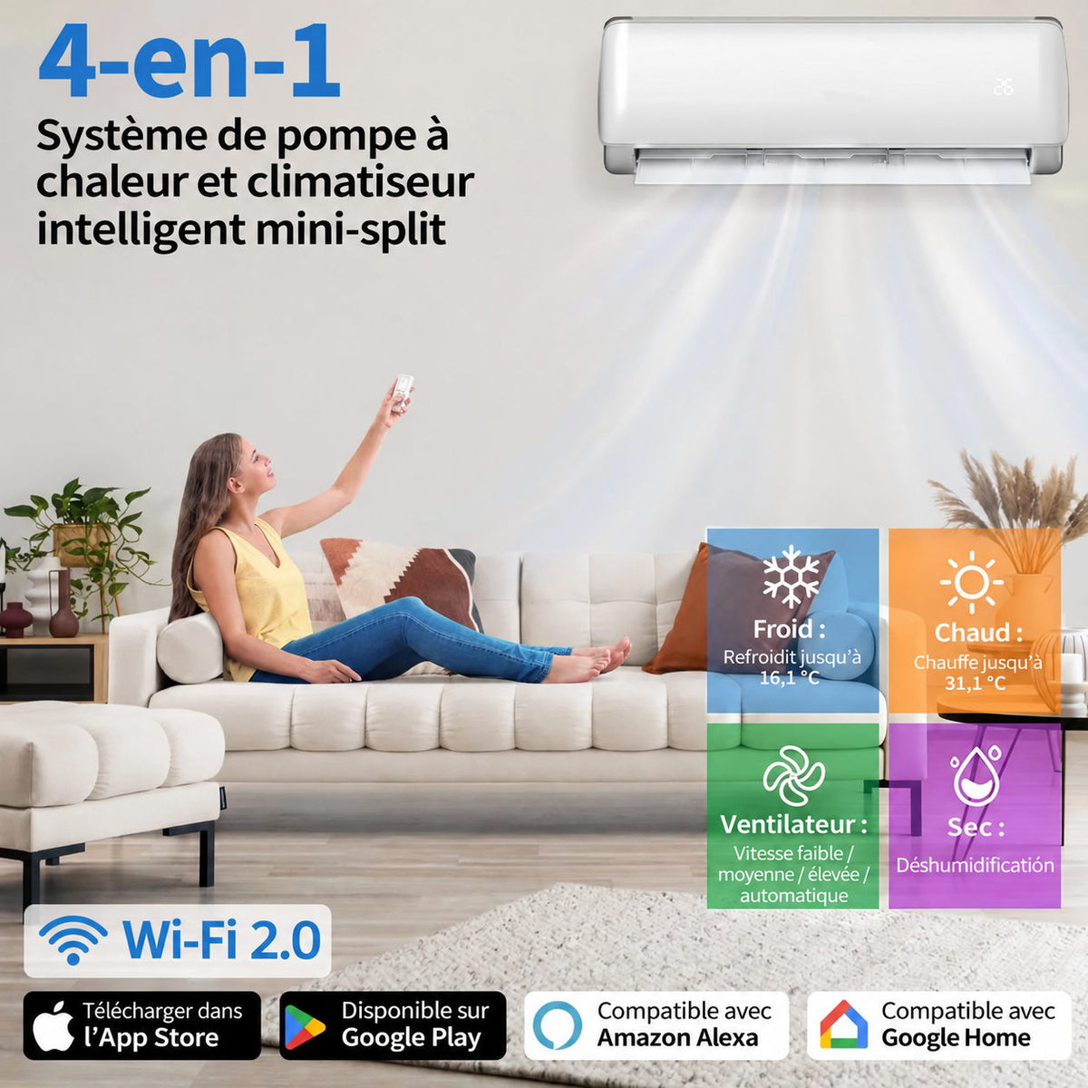 Garvee Climatiseur split AUX 9000BTU, A++ R32, WiFi, climatisation réversible intelligente pour maison