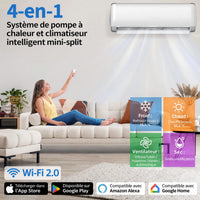 Garvee Climatiseur split AUX 9000BTU, A++ R32, WiFi, climatisation réversible intelligente pour maison