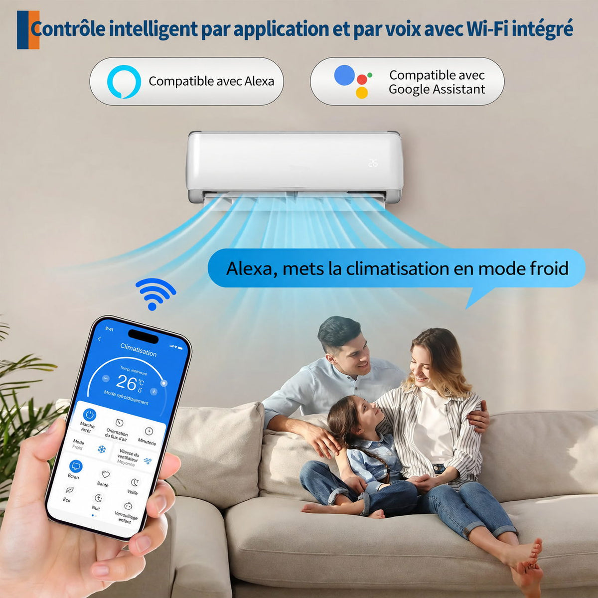 Garvee Climatiseur split AUX 9000BTU, A++ R32, WiFi, climatisation réversible intelligente pour maison