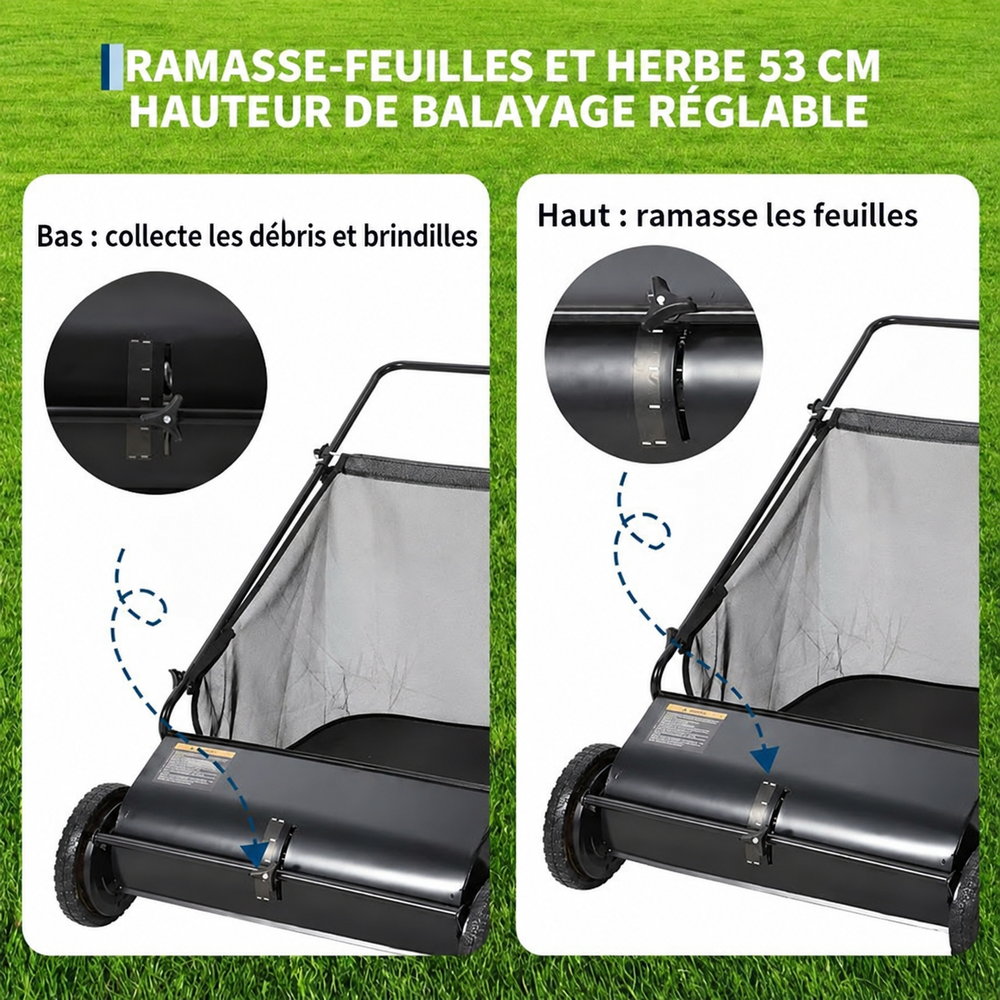 Garvee Balayeuse De Pelouse 21" Avec Sac 7 Pi³, 4 Brosses Rotatives, Cadre Acier, Roues Caoutchouc, Hauteur Réglable Pour Terrains Variés, Vert