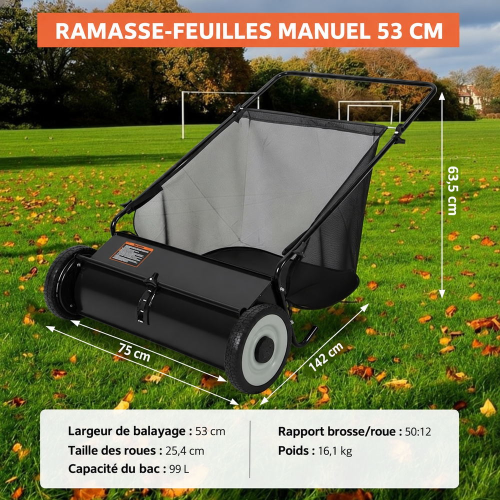 Garvee Balayeuse De Pelouse 21" Avec Sac 7 Pi³, 4 Brosses Rotatives, Cadre Acier, Roues Caoutchouc, Hauteur Réglable Pour Terrains Variés, Vert