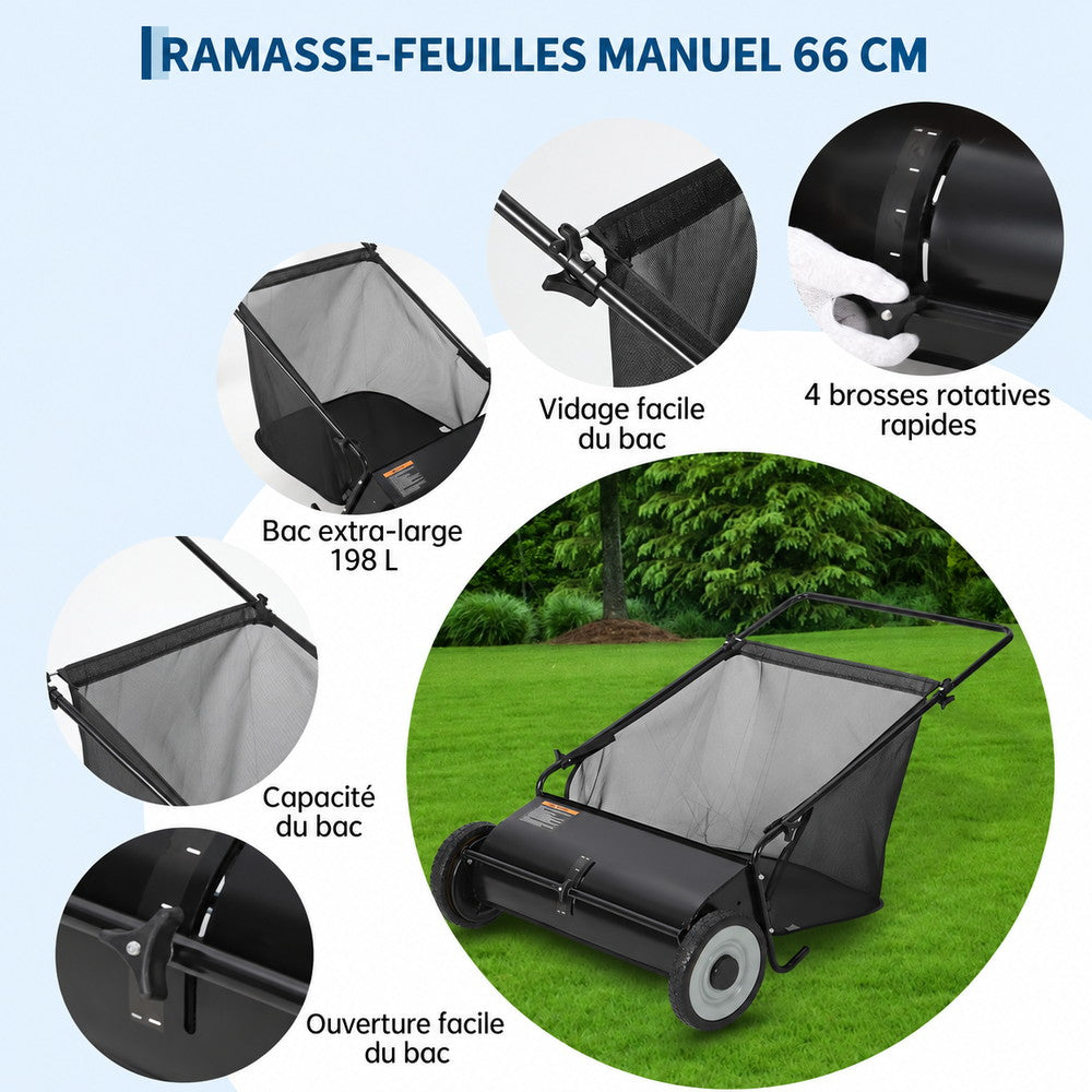 Garvee Balayeuse De Pelouse 21" Avec Sac 7 Pi³, 4 Brosses Rotatives, Cadre Acier, Roues Caoutchouc, Hauteur Réglable Pour Terrains Variés, Vert