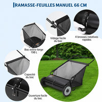 Garvee Balayeuse De Pelouse 21" Avec Sac 7 Pi³, 4 Brosses Rotatives, Cadre Acier, Roues Caoutchouc, Hauteur Réglable Pour Terrains Variés, Vert
