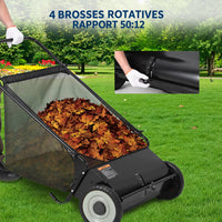 Garvee Balayeuse De Pelouse 21" Avec Sac 7 Pi³, 4 Brosses Rotatives, Cadre Acier, Roues Caoutchouc, Hauteur Réglable Pour Terrains Variés, Vert