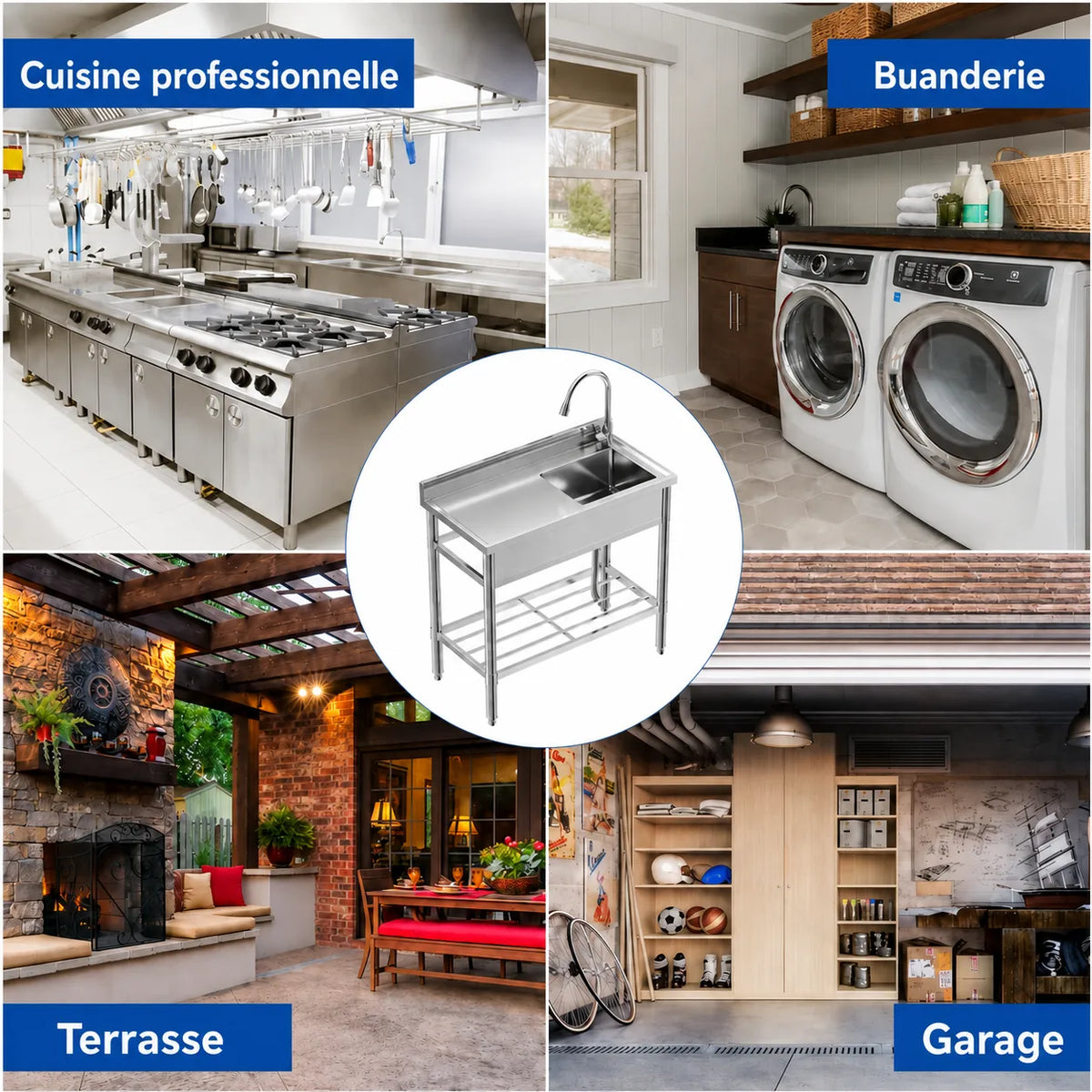 Garvee Évier Professionnel sur Pied en Inox 99 x 51 x 94 cm avec Robinet Extractible et Étagère, pour Cuisine Commerciale et Extérieur, Argenté