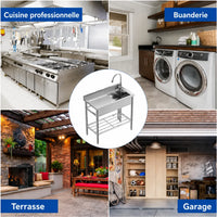 Garvee Évier Professionnel sur Pied en Inox 99 x 51 x 94 cm avec Robinet Extractible et Étagère, pour Cuisine Commerciale et Extérieur, Argenté