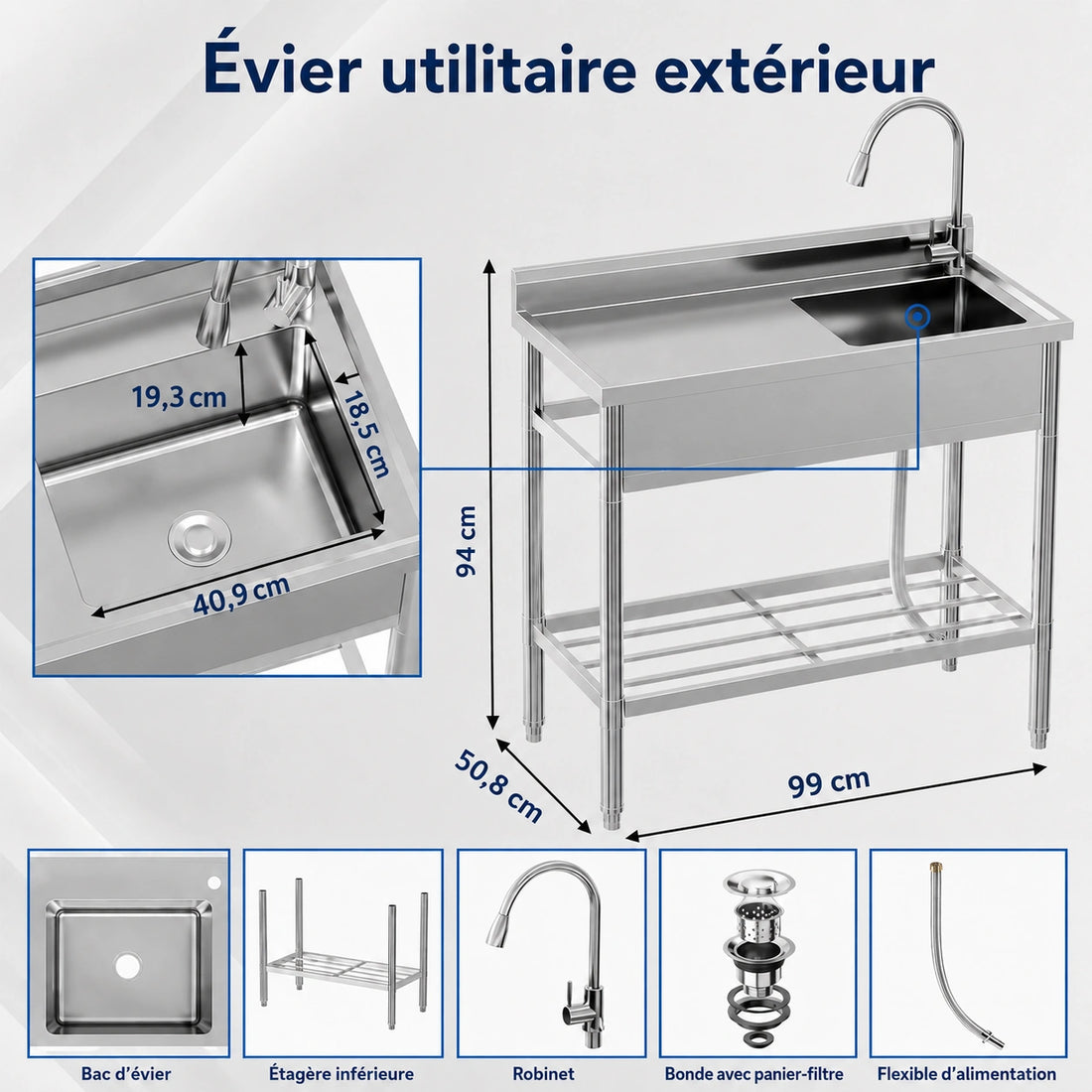 Garvee Évier Professionnel sur Pied en Inox 99 x 51 x 94 cm avec Robinet Extractible et Étagère, pour Cuisine Commerciale et Extérieur, Argenté