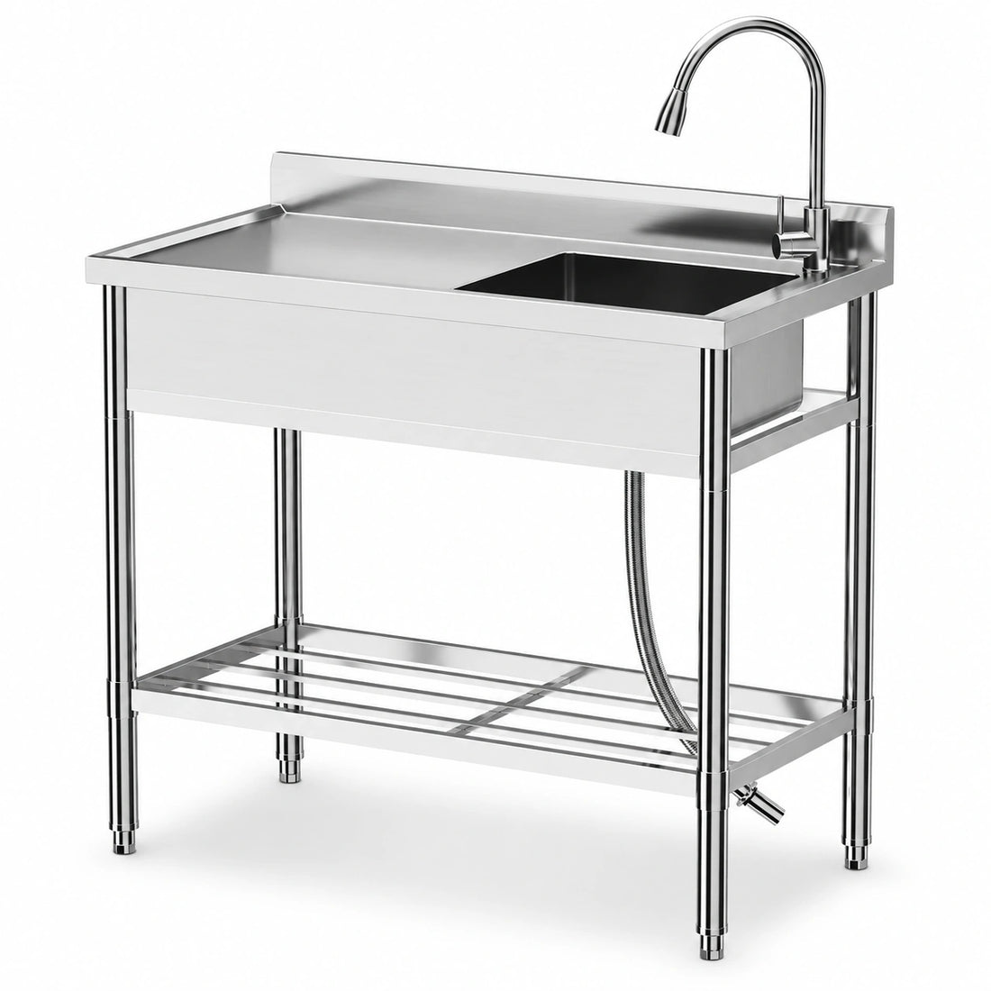 Garvee Évier Professionnel sur Pied en Inox 99 x 51 x 94 cm avec Robinet Extractible et Étagère, pour Cuisine Commerciale et Extérieur, Argenté