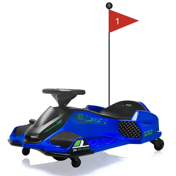 Kart de drift électrique Garvee bleu 24 V pour enfants avec lumière LED, moteur 180 W, vitesse maximale de 12 km/h, pour les enfants de 6 à 12 ans, pour des courses en extérieur amusantes.