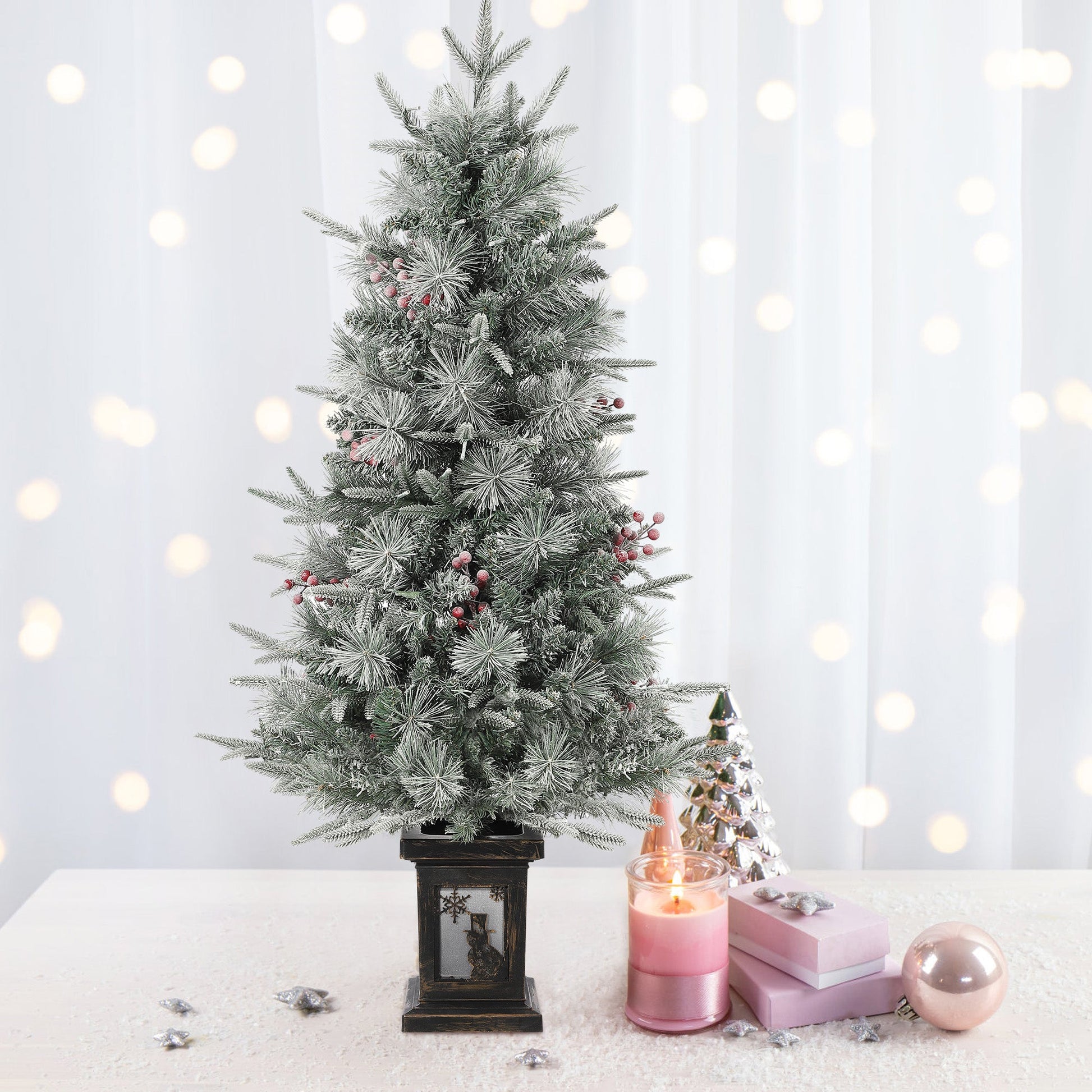 Sapin de Noël Garvee 125 cm – Avec lumières et décorations, socle bonhomme de neige pour décorations de table hivernales