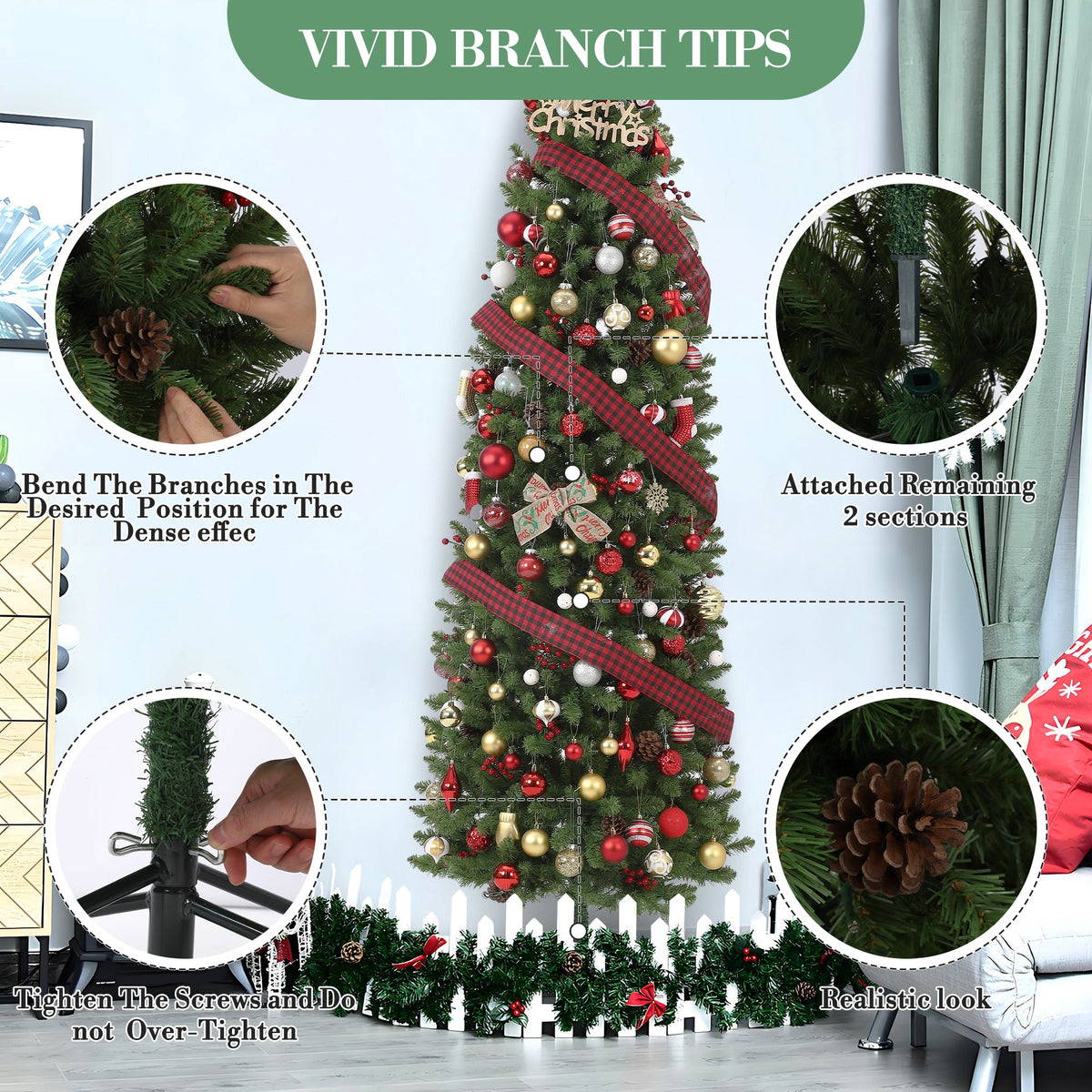Sapin de Noël Garvee 230 cm avec support en métal - Éclairage LED monochrome à 8 modes pour une décoration festive du salon