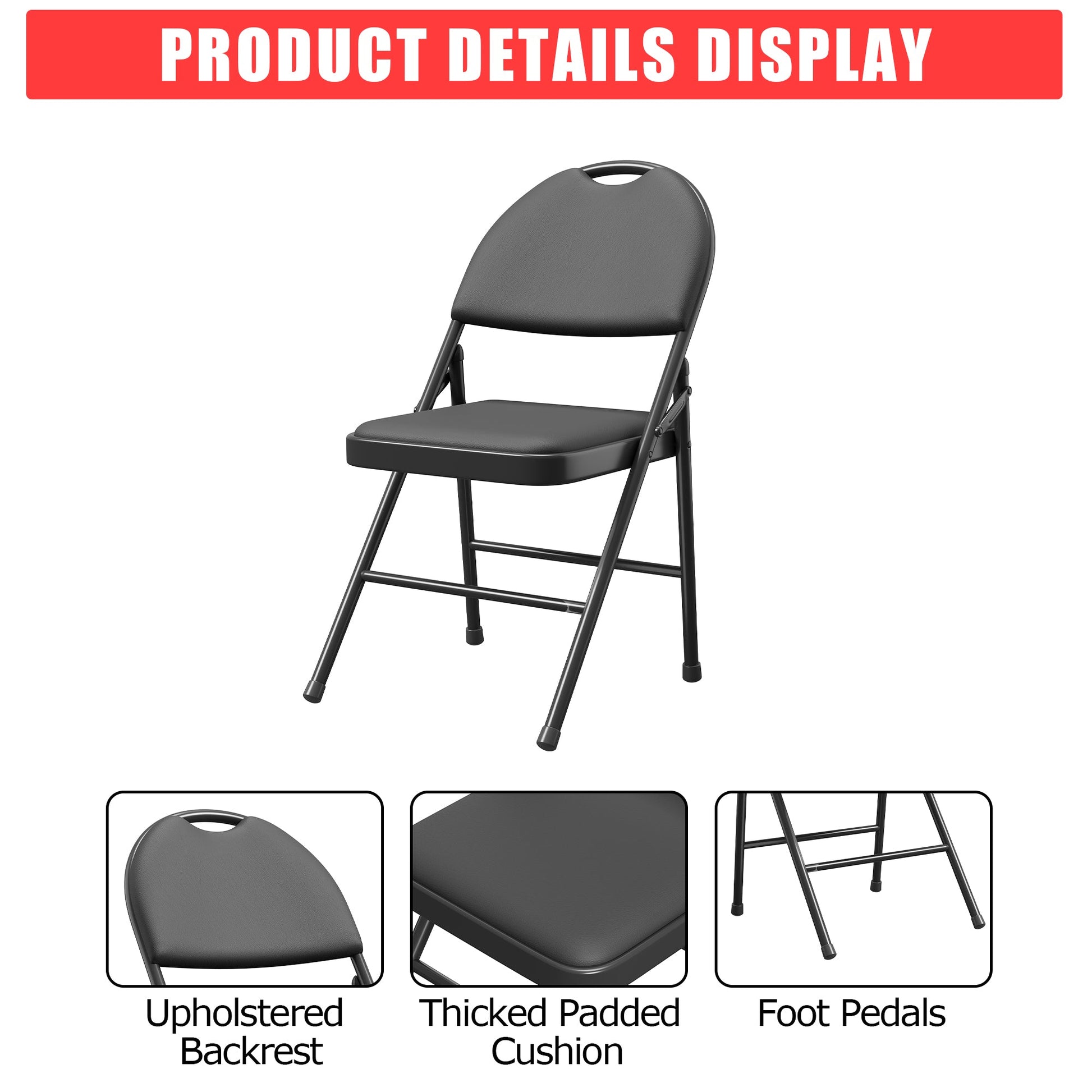 Chaises pliantes Garvee, lot de 6, structure en métal, assise en similicuir, pieds antidérapants, pour une utilisation intérieure et extérieure, robustes et confortables, noires