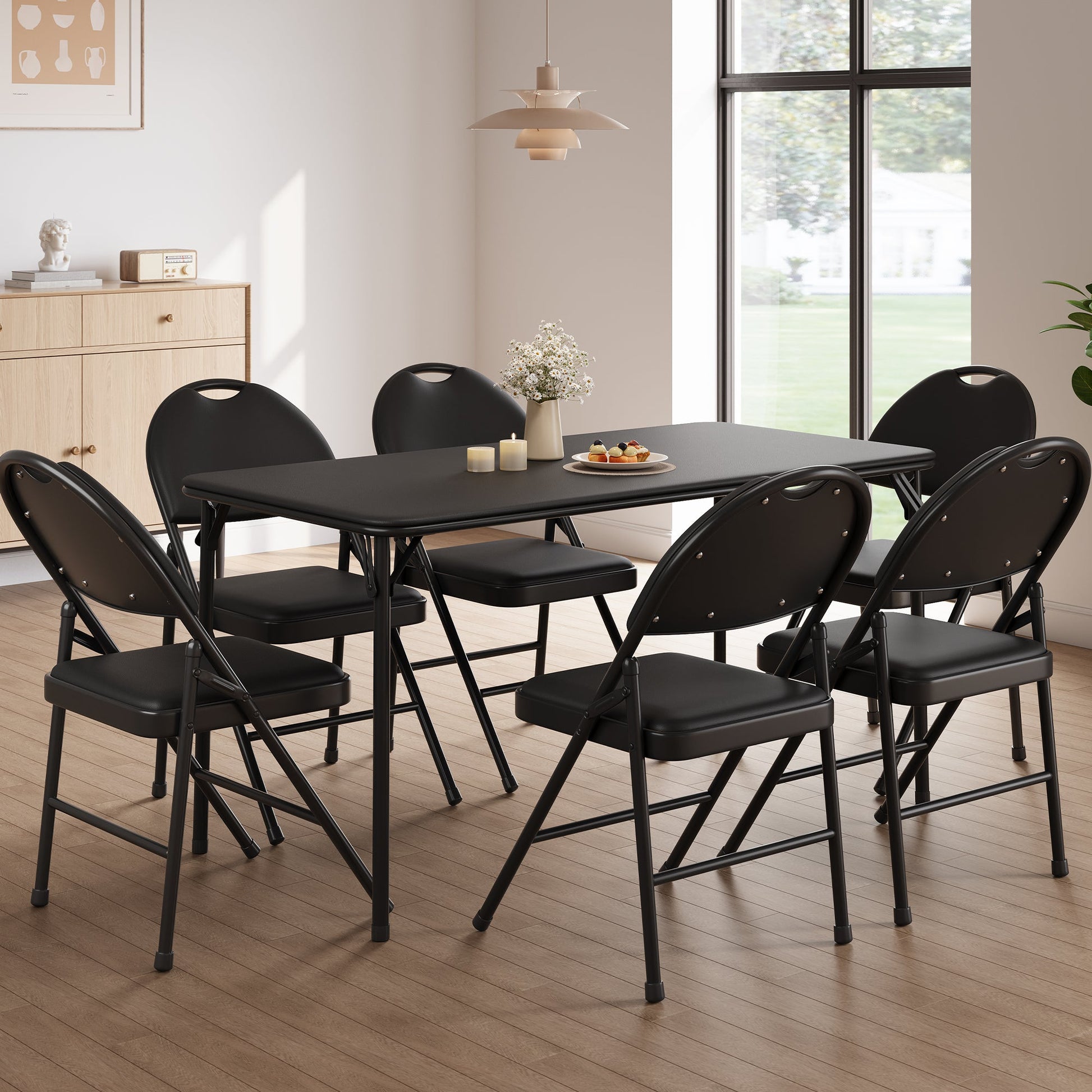 Chaises pliantes Garvee, lot de 6, structure en métal, assise en similicuir, pieds antidérapants, pour une utilisation intérieure et extérieure, robustes et confortables, noires