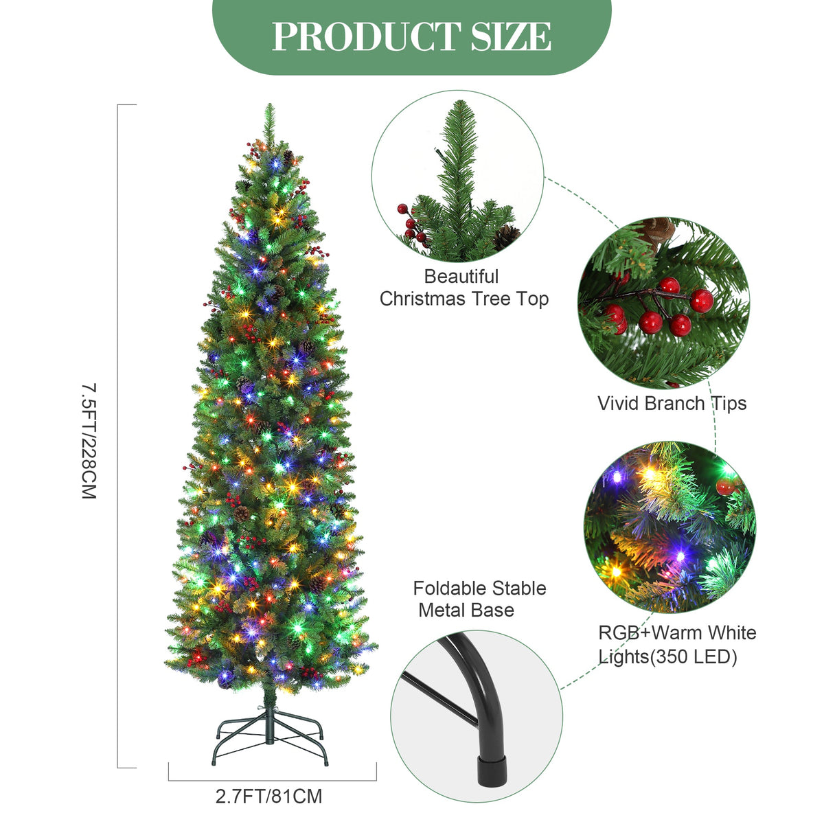 Sapin de Noël Garvee 230 cm avec support en métal - Éclairage LED monochrome à 8 modes pour une décoration festive du salon