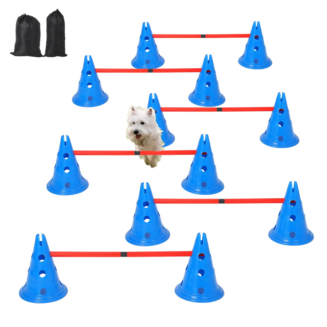 Garvee Parcours d'agilité pour chiens avec 12 cônes, 6 barres, réglable, en ABS, pour l'entraînement en extérieur, portable et polyvalent