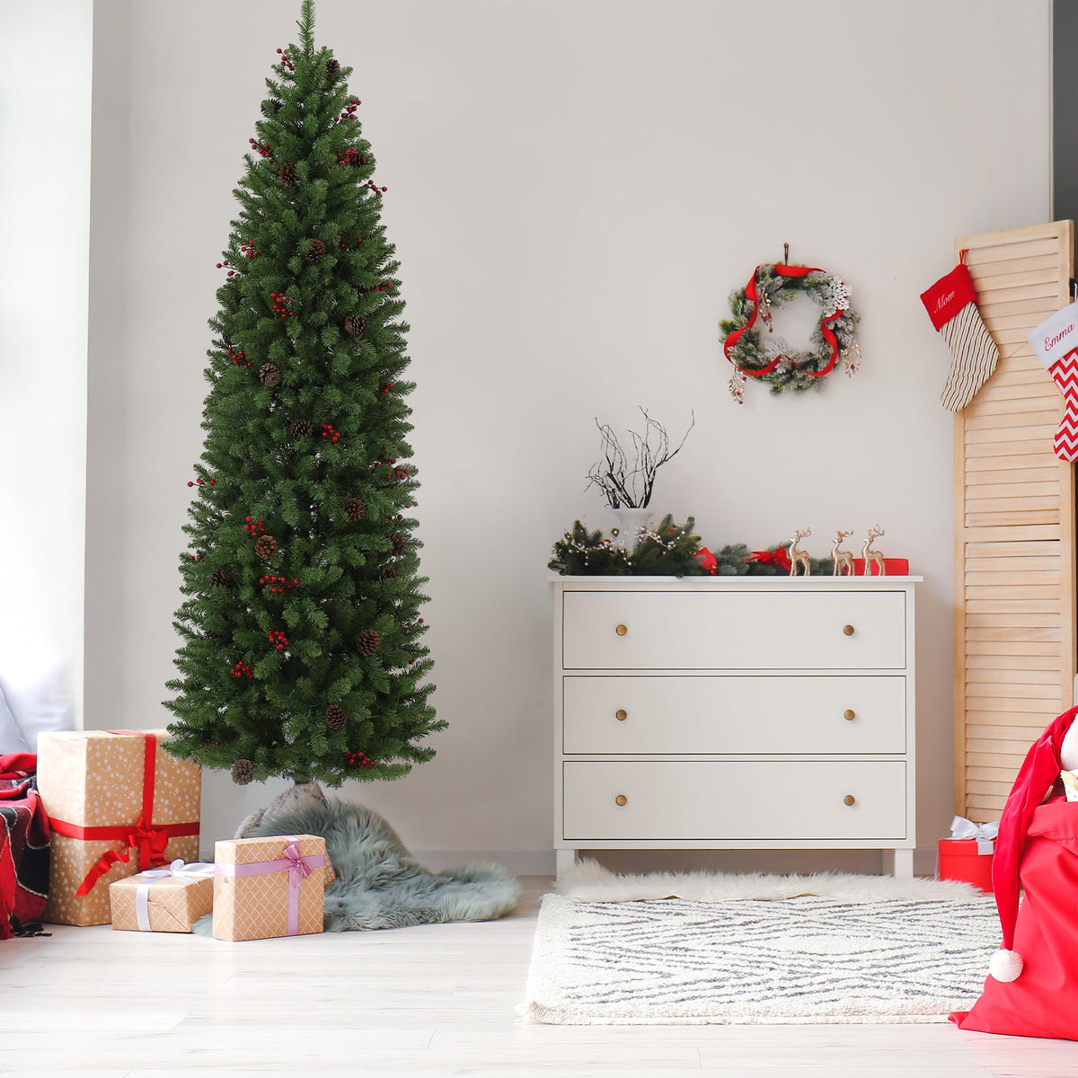 Sapin de Noël Garvee 230 cm avec support en métal - Éclairage LED monochrome à 8 modes pour une décoration festive du salon