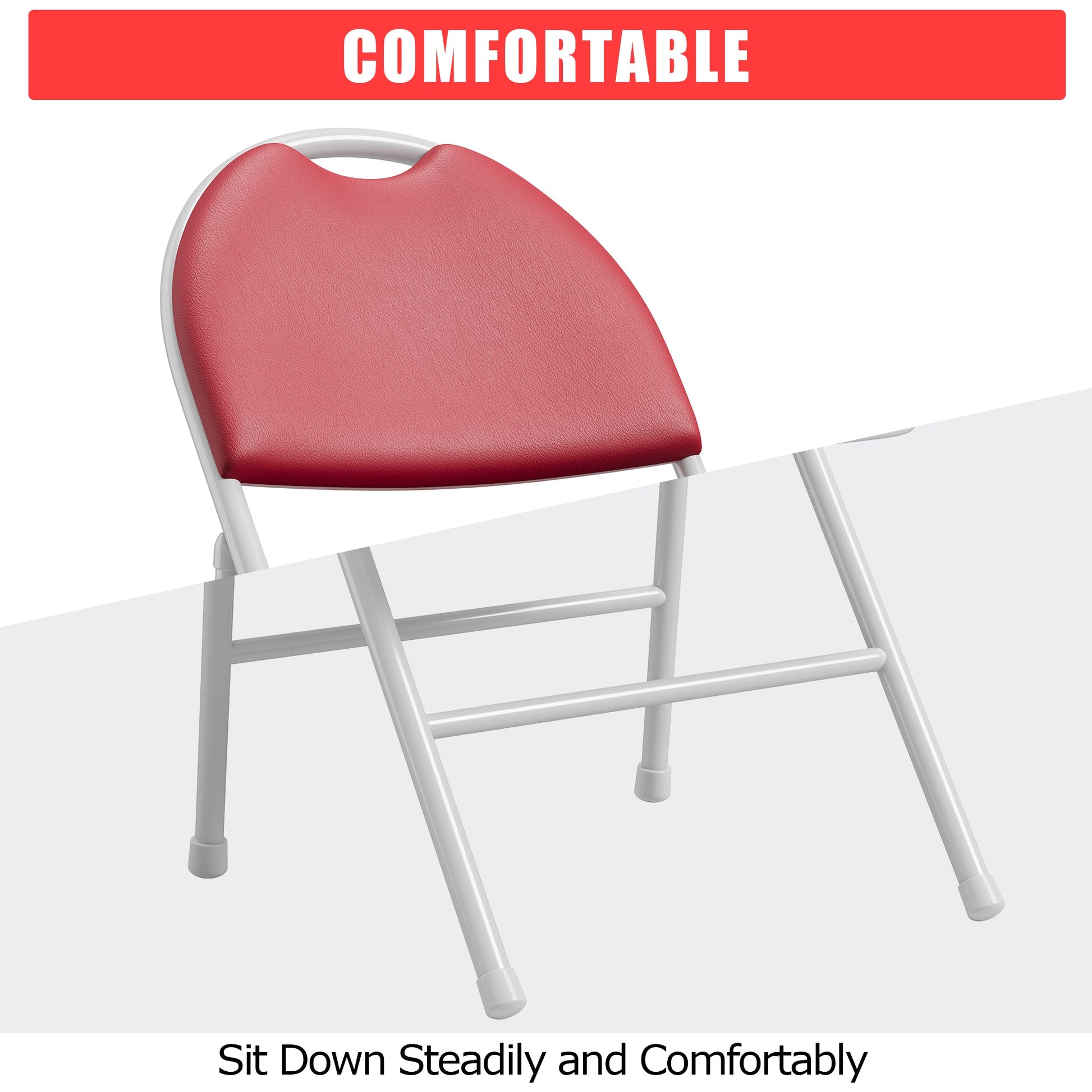 Ensemble de 2 chaises pliantes Garvee avec revêtement en similicuir, structure en métal, pliables, rouges, pour une utilisation intérieure et extérieure, empilables et confortables.