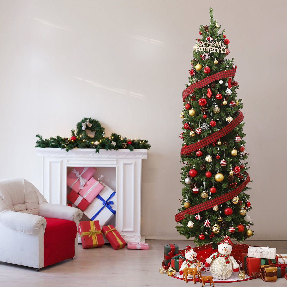 Sapin de Noël Garvee 230 cm avec support en métal - Éclairage LED monochrome à 8 modes pour une décoration festive du salon