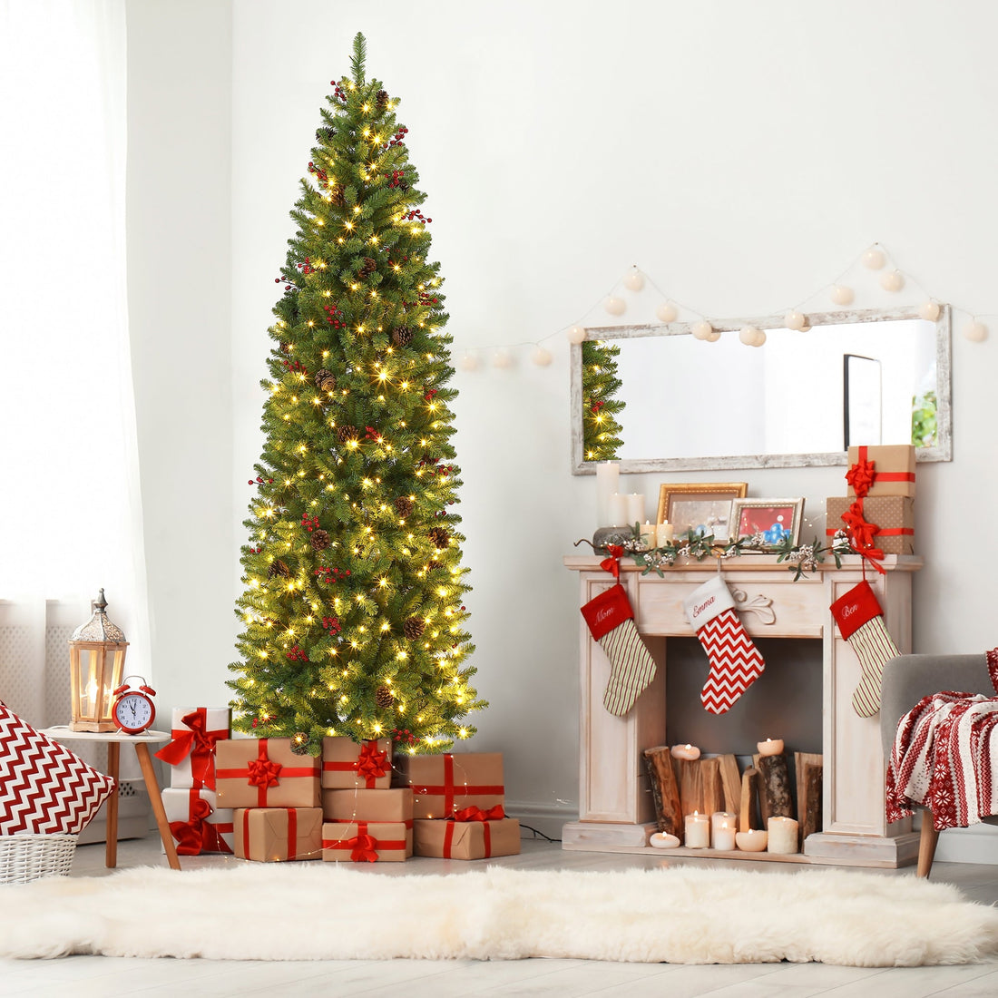 Sapin de Noël Garvee 230 cm avec support en métal - Éclairage LED monochrome à 8 modes pour une décoration festive du salon