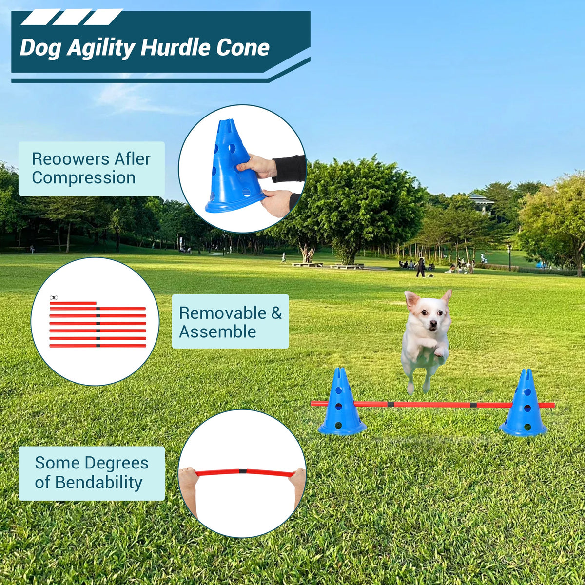Garvee Parcours d'agilité pour chiens avec 12 cônes, 6 barres, réglable, en ABS, pour l'entraînement en extérieur, portable et polyvalent