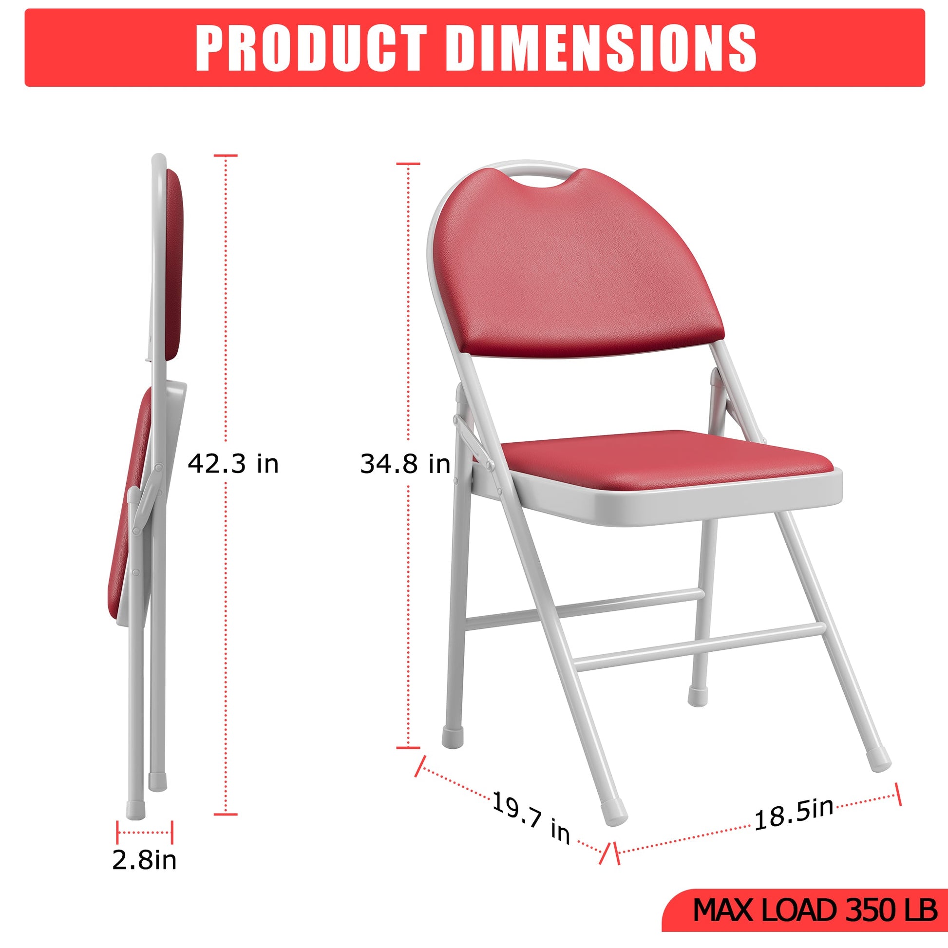 Ensemble de 2 chaises pliantes Garvee avec revêtement en similicuir, structure en métal, pliables, rouges, pour une utilisation intérieure et extérieure, empilables et confortables.